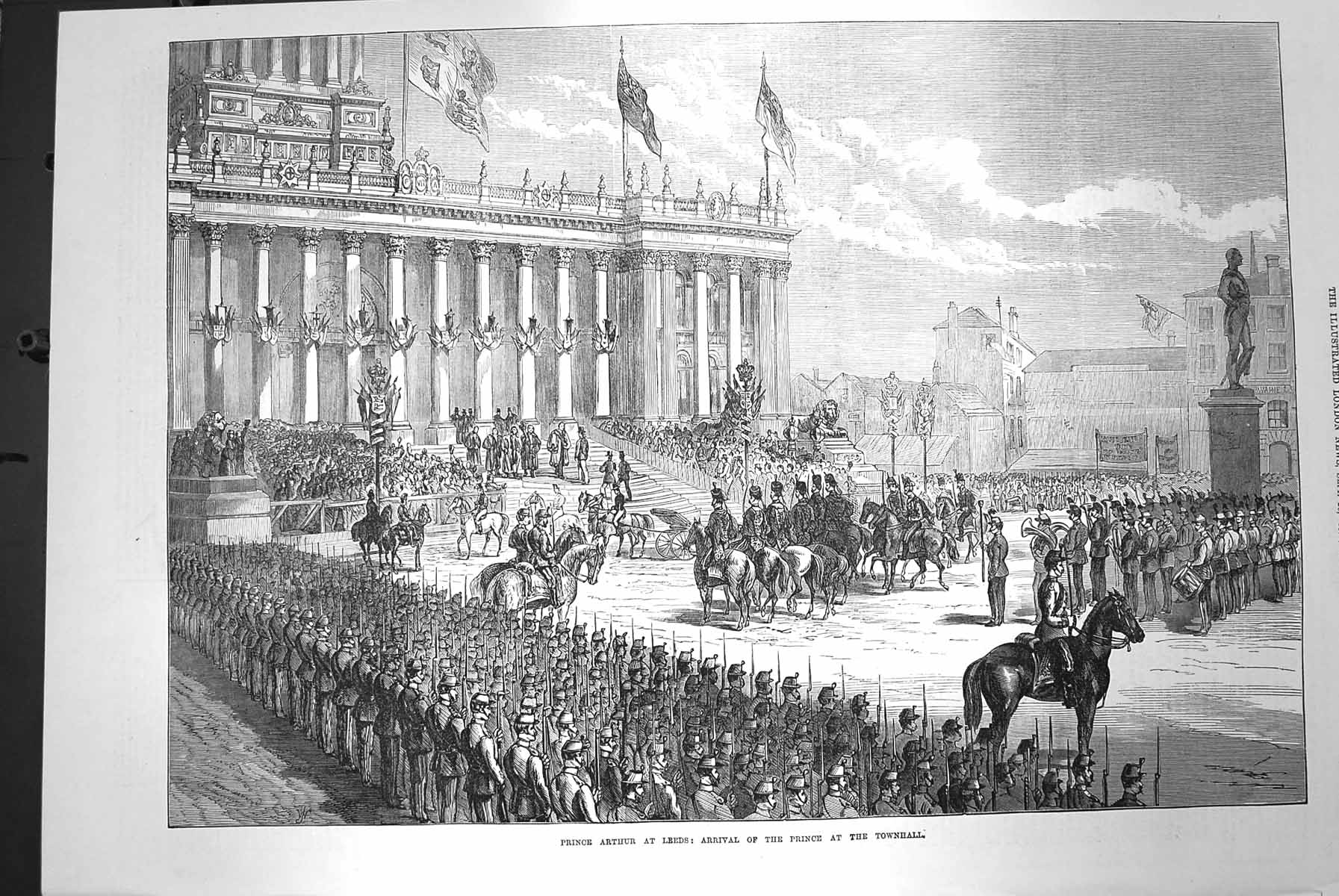 Old Antique Print 1872 Prince Arthur Leeds Arrival Scene Townhall Guards 19th