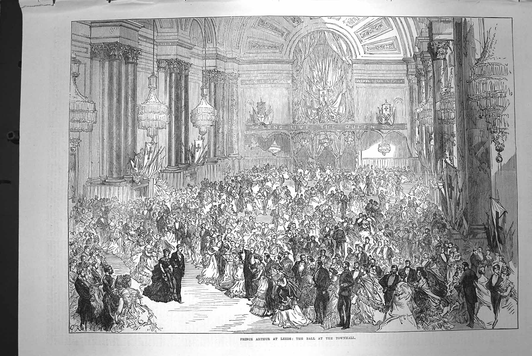 Old Antique Print 1872 Prince Arthur Leeds Ball Townhall Dancing England 19th