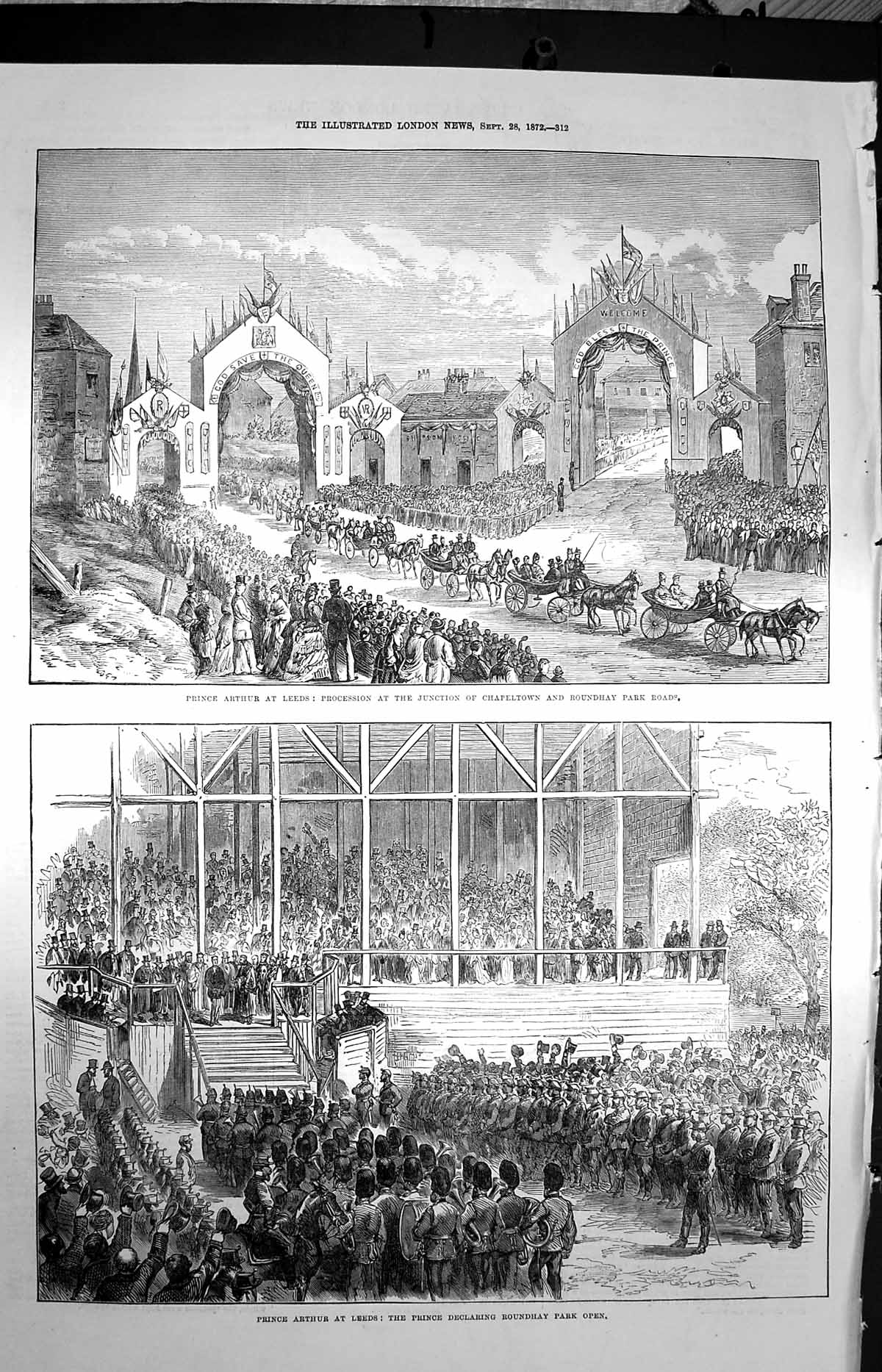 Original Old Antique Print 1872 Prince Arthur Leeds Roundhay Chapeltown Arch