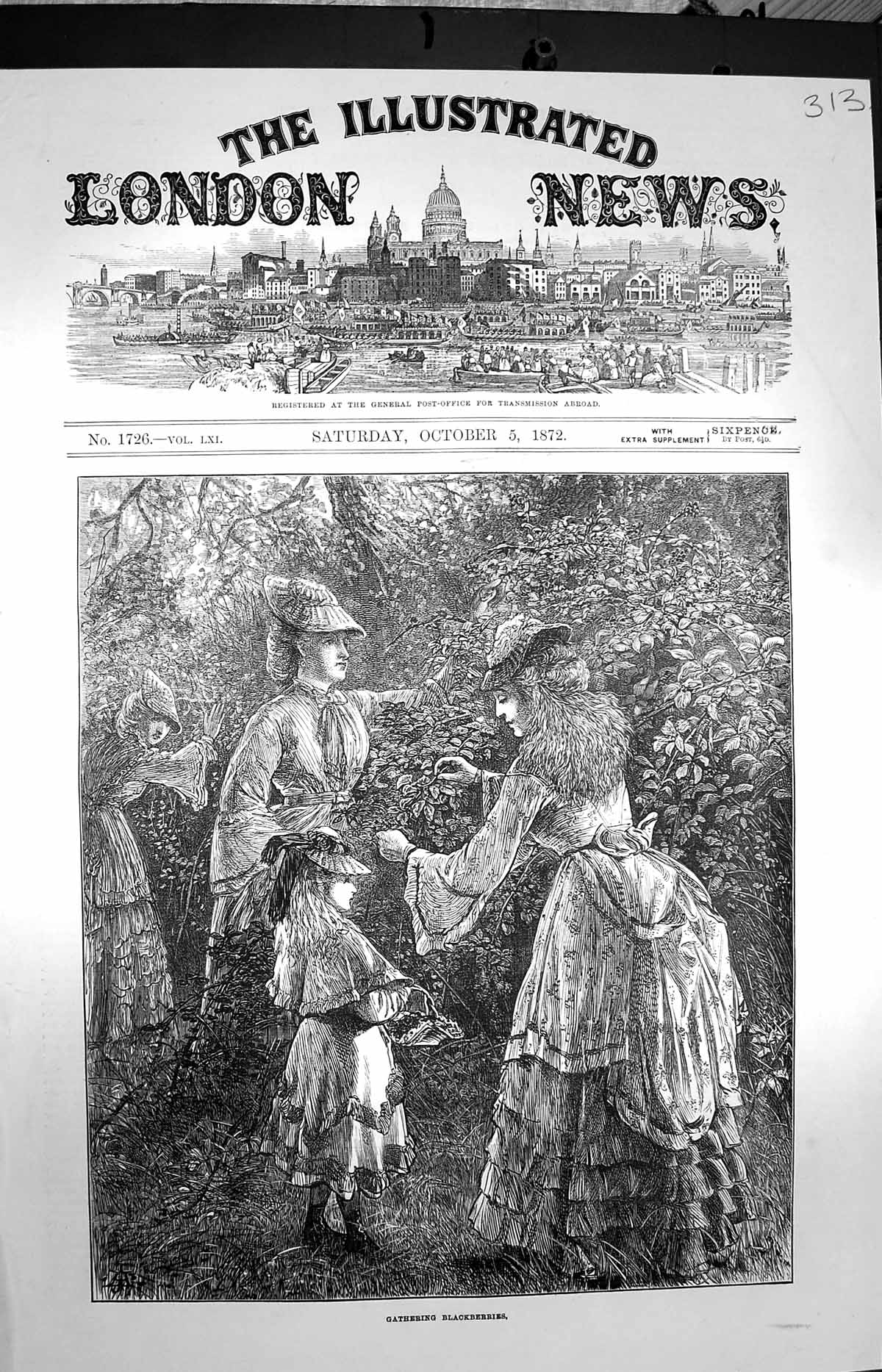 Original Old Antique Print 1872 Women Children Gathering Blackberries Nature