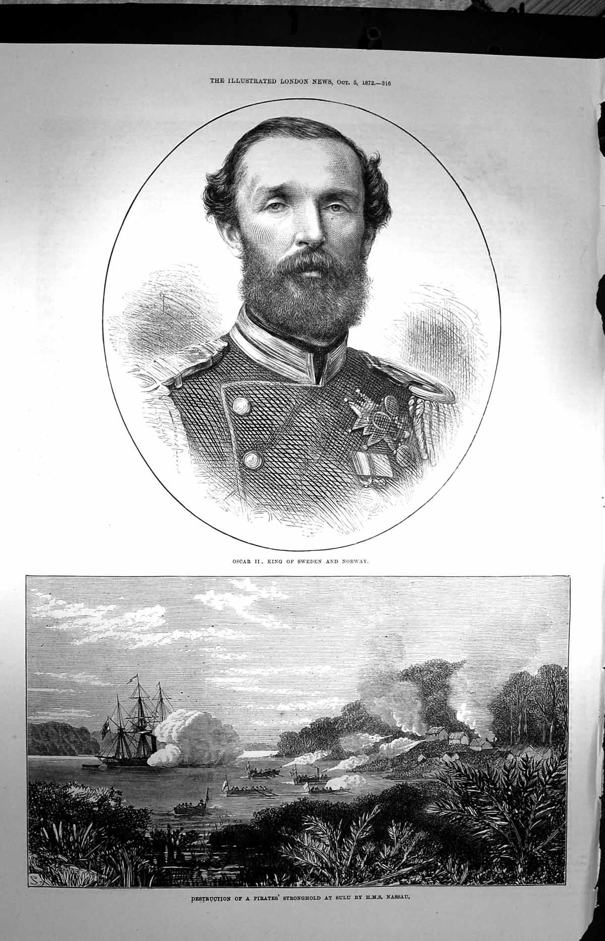 Old Antique Print 1872 King Sweden Norway Oscar Pirates Sulu Ship Nassau 19th