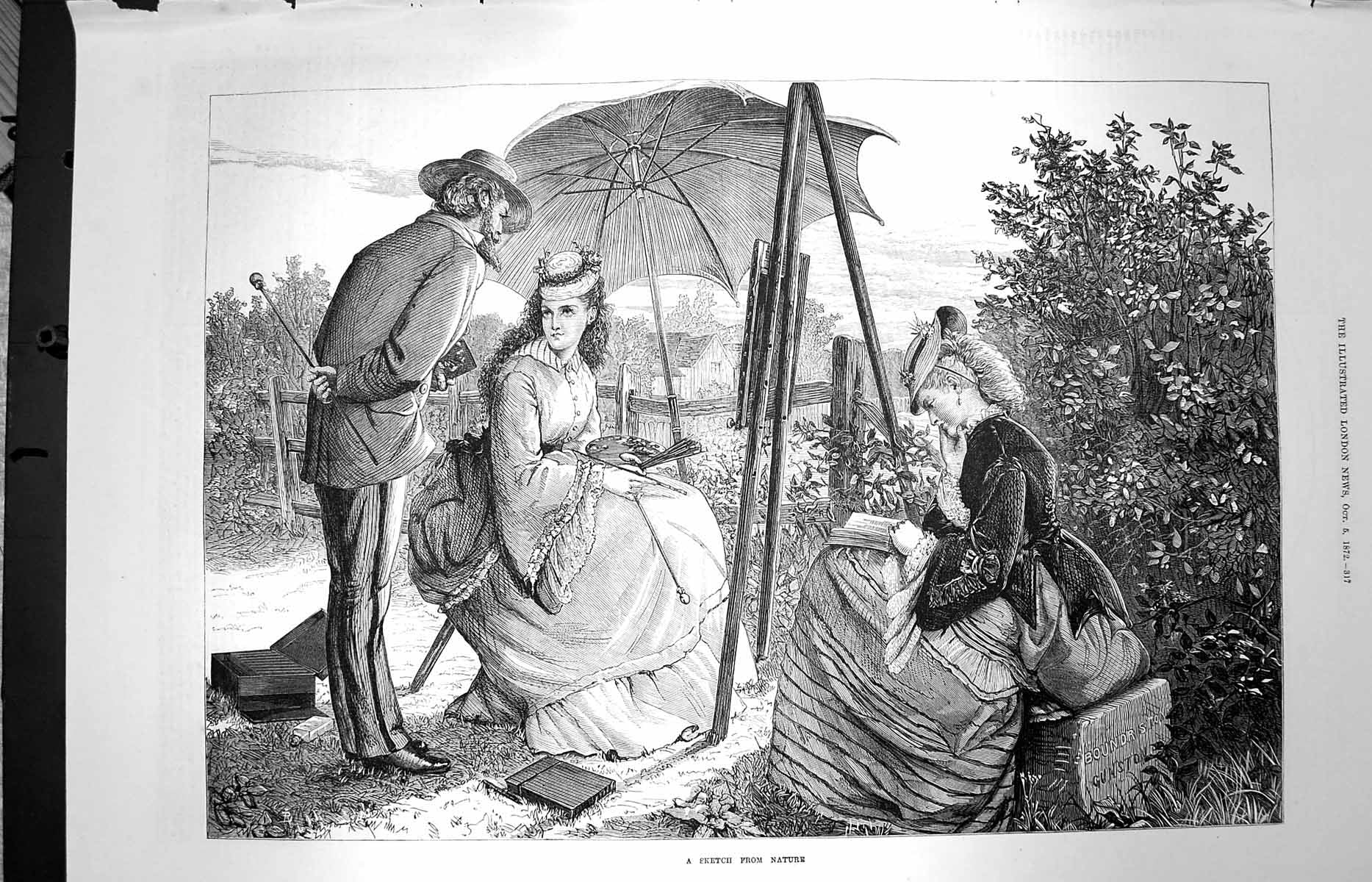 Original Old Antique Print 1872 Nature Sketch Lady Artist Painting Fine Art