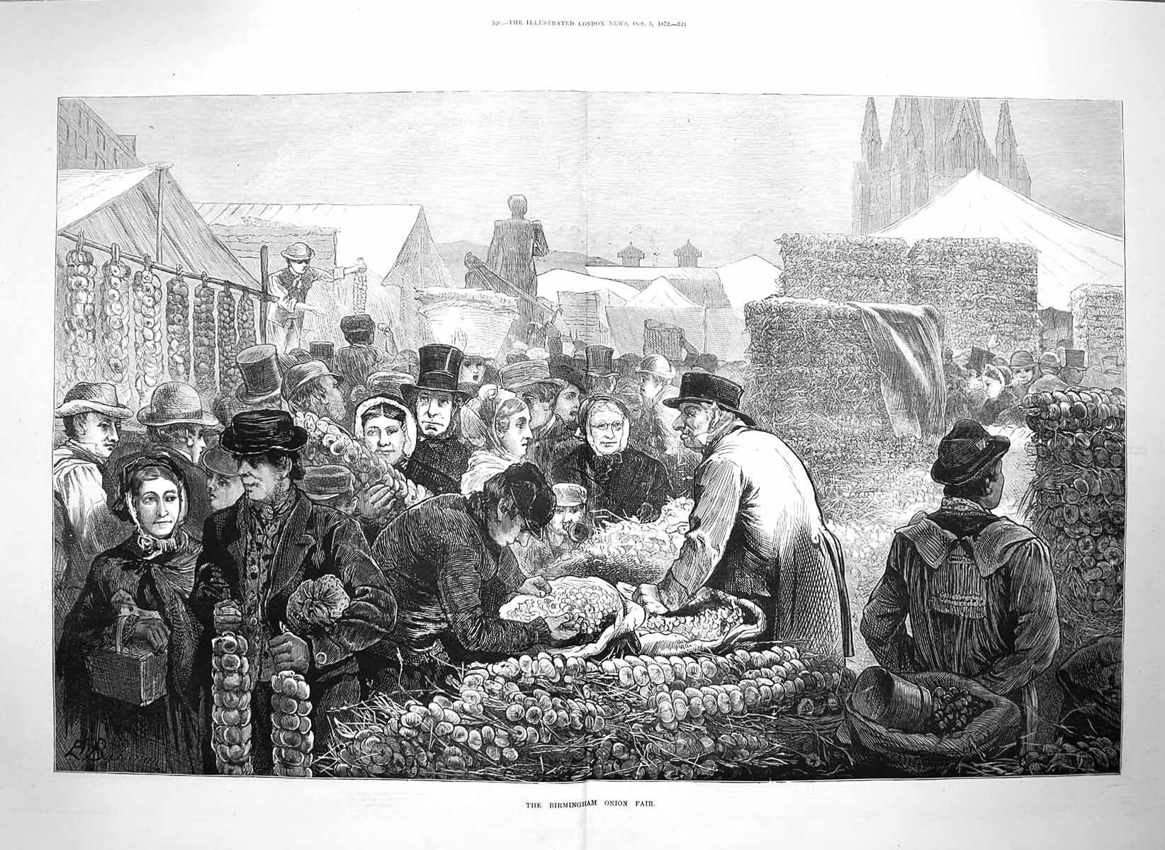 Original Old Antique Print 1872 Birmingham Onion Fair Market Industry Fine Art