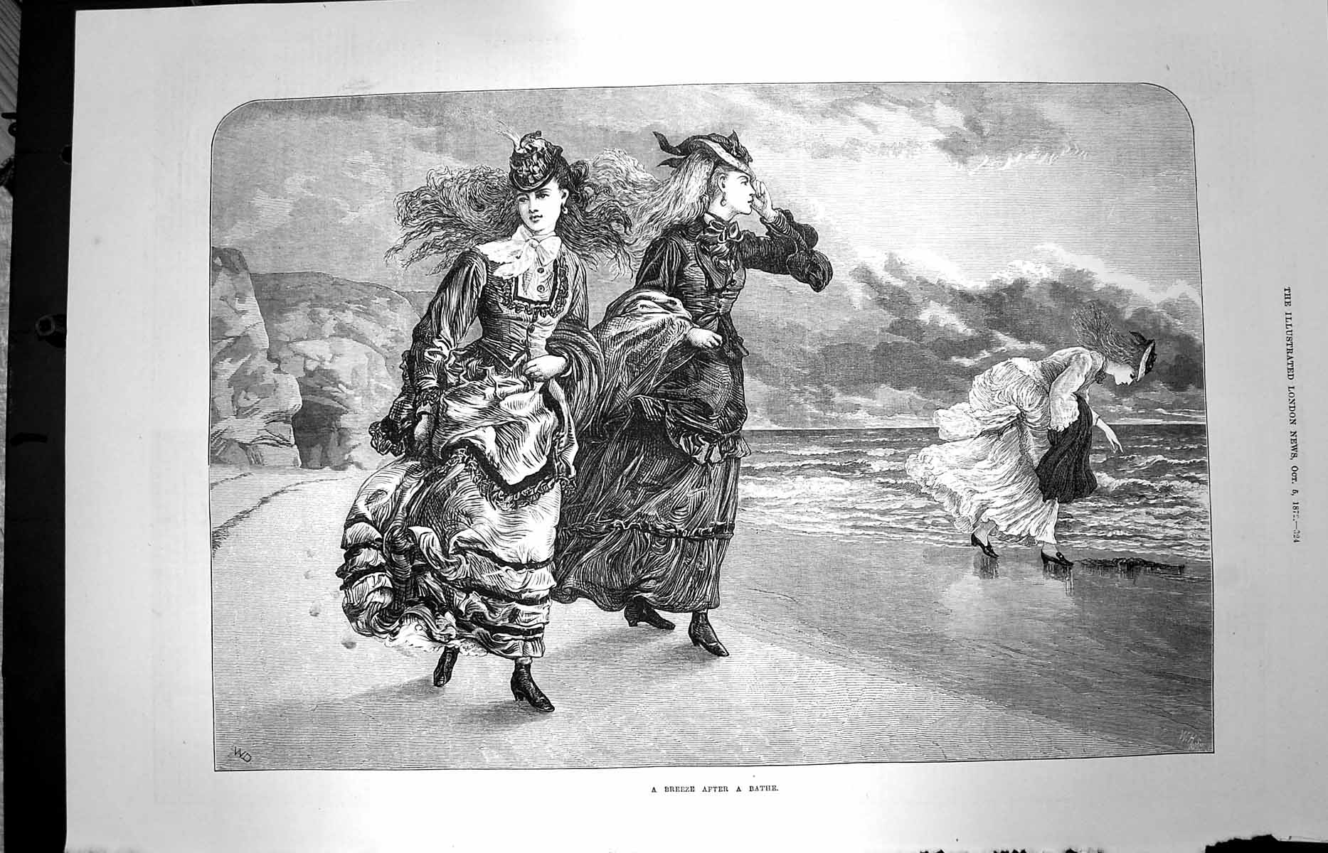 Original Old Antique Print 1872 Breeze After Bathe Women Beach Seaside Ladies