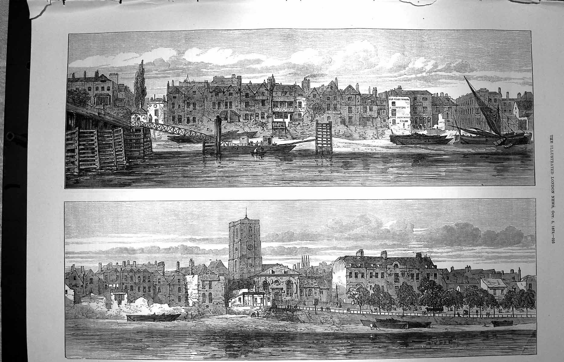 Original Old Antique Print 1872 Riverside Chelsea River Bridge Boats Fine Art