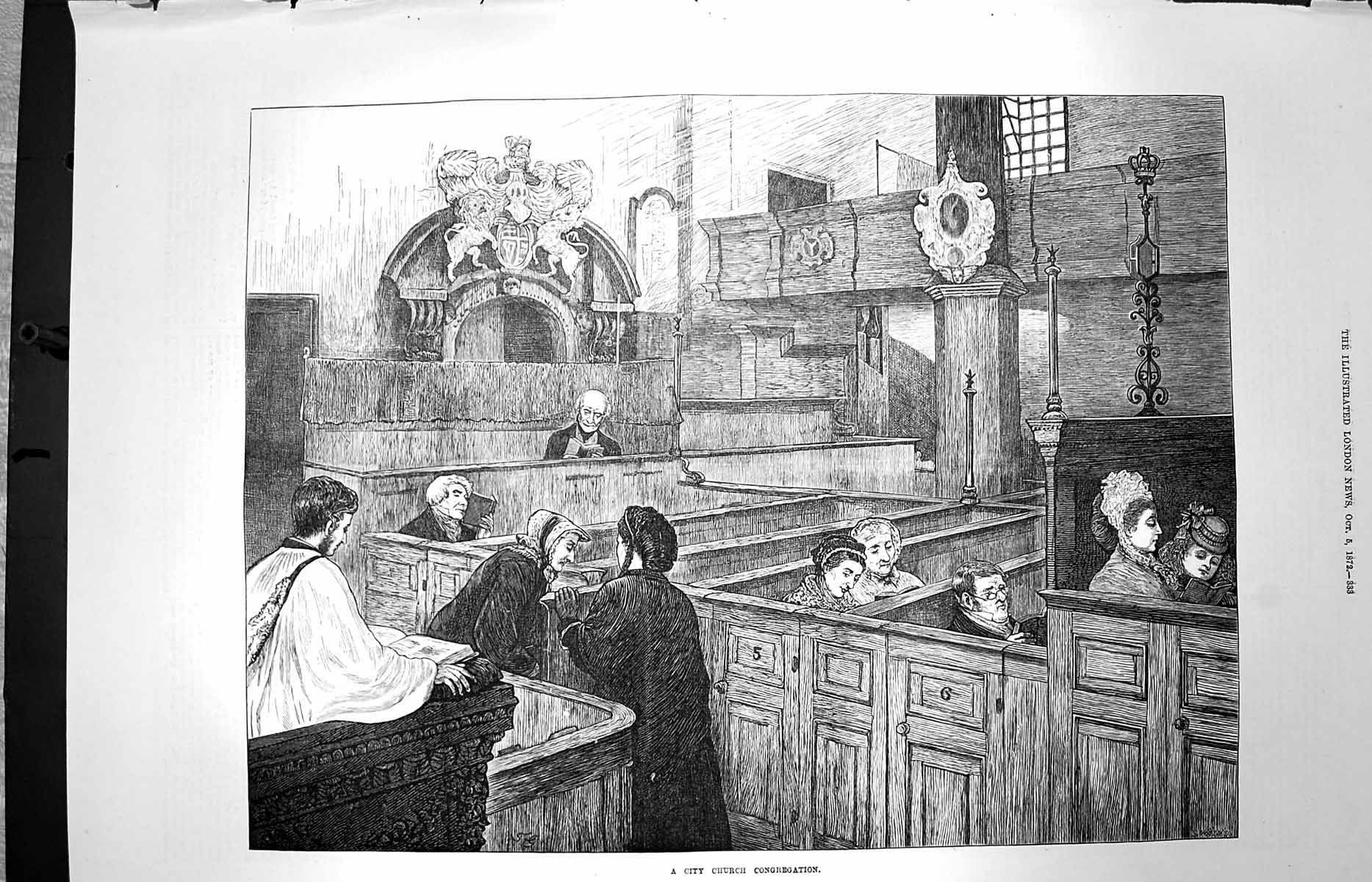 Original Old Antique Print 1872 City Church Congregation Minister Fine Art 19th