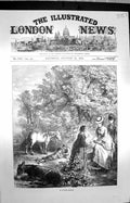 Old Antique Print 1872 Autumn Ramble Family Children Horse Donkey Flowers 19th