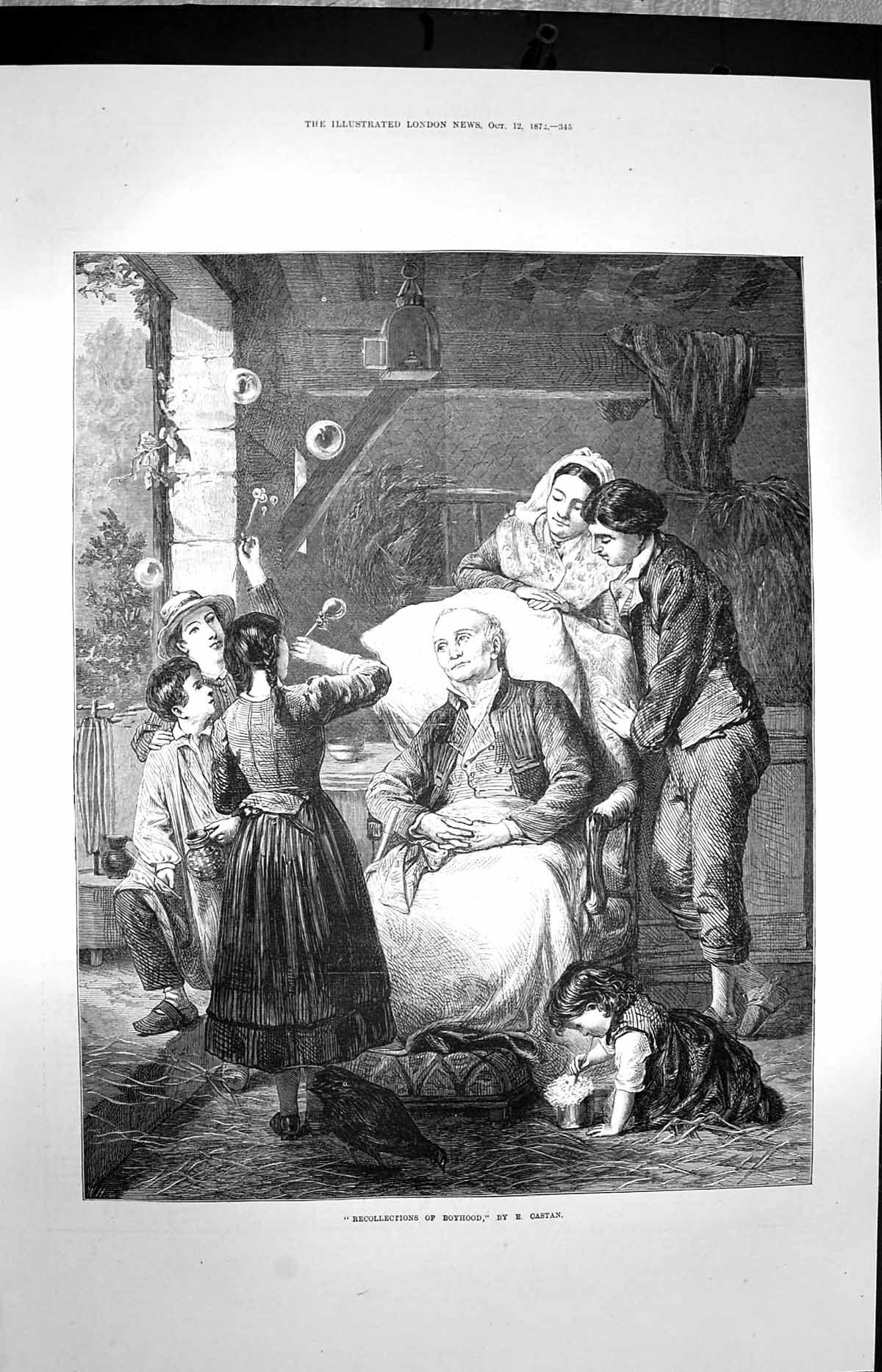 Original Old Antique Print 1872 Man Stories Children Recollections Boyhood 19th
