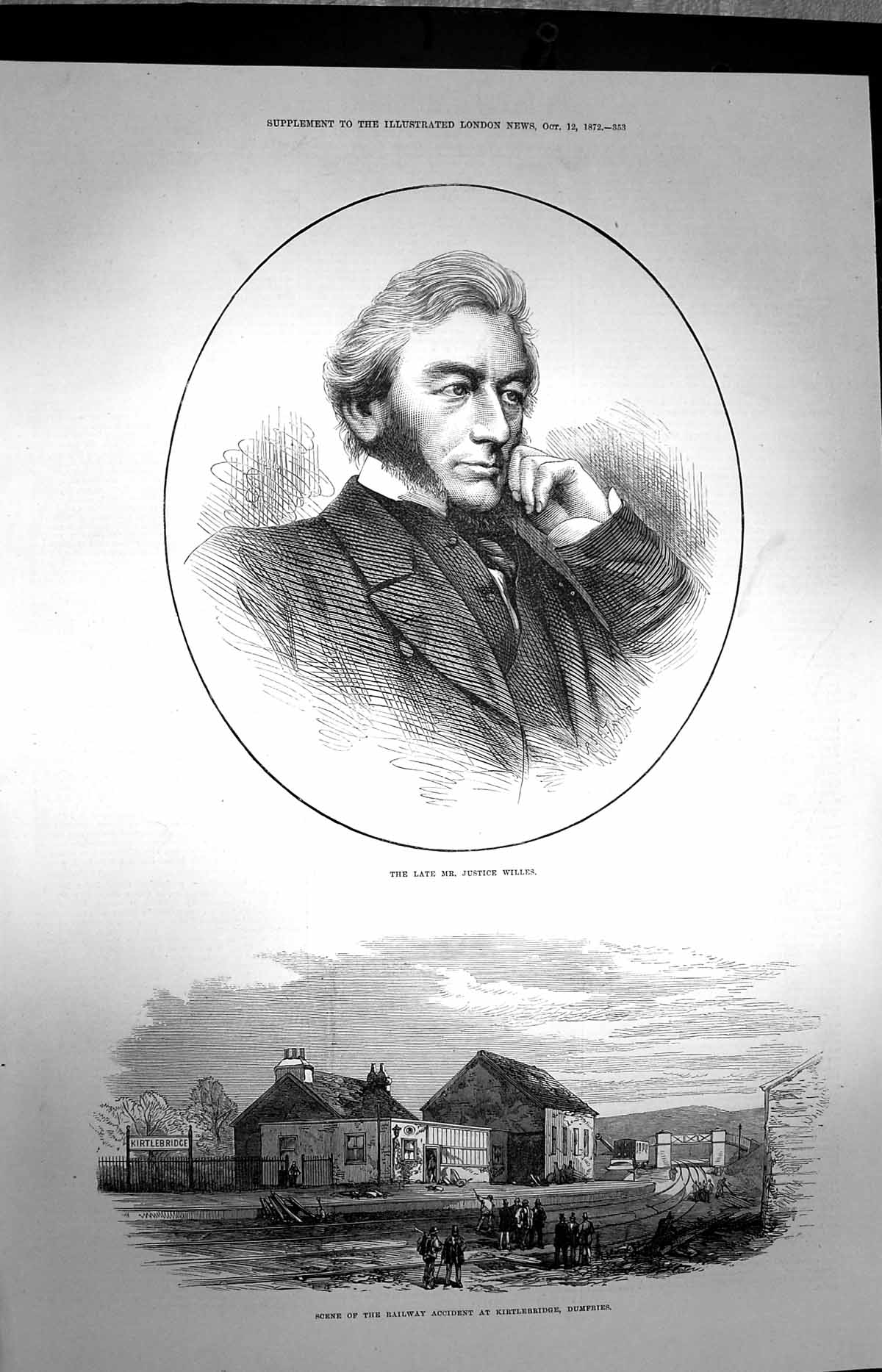 Original Old Antique Print 1872 Mr Justice Willes Railway Accident Kirtlebridge
