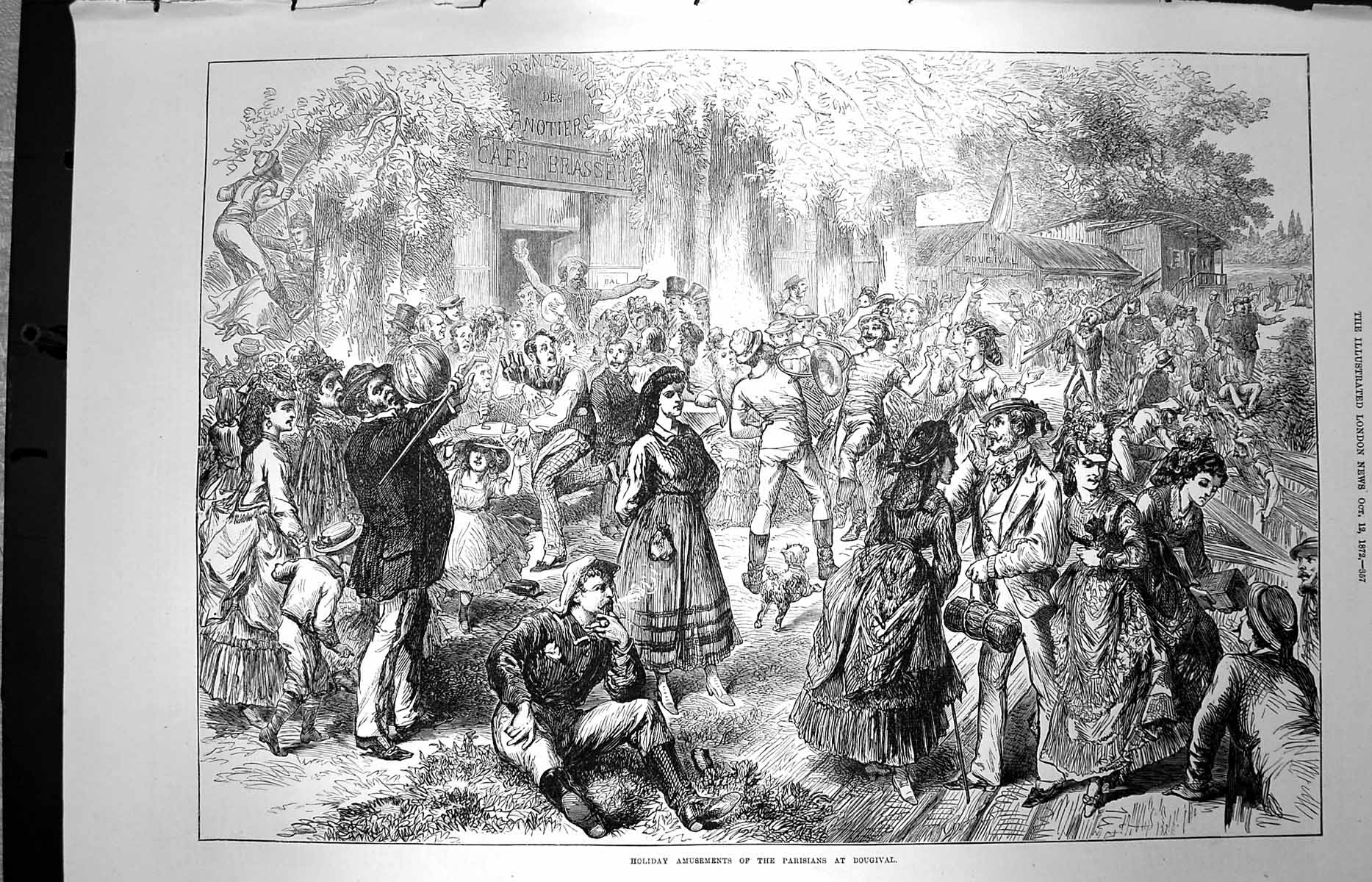Old Antique Print 1872 Holiday Amusements Parisians Bougival Paris People 19th
