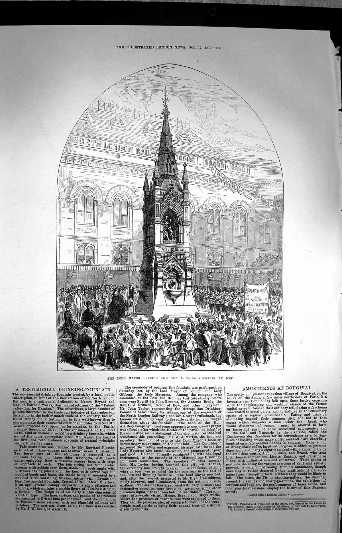 Original Old Antique Print 1872 Lord Mayor Drinking Fountain Bow London 19th