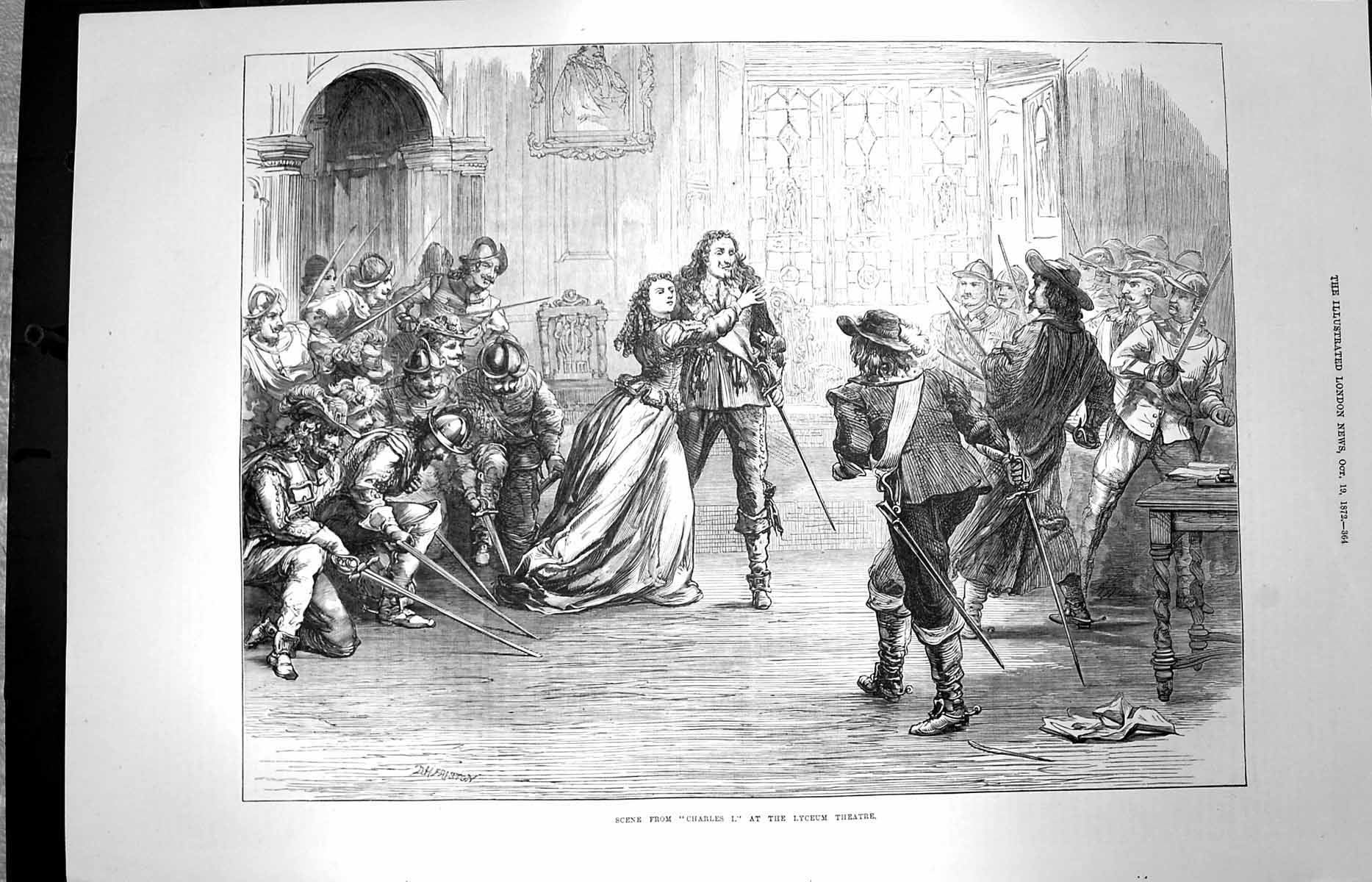 Original Old Antique Print 1872 Scene Charles I Lyceum Theatre 19th
