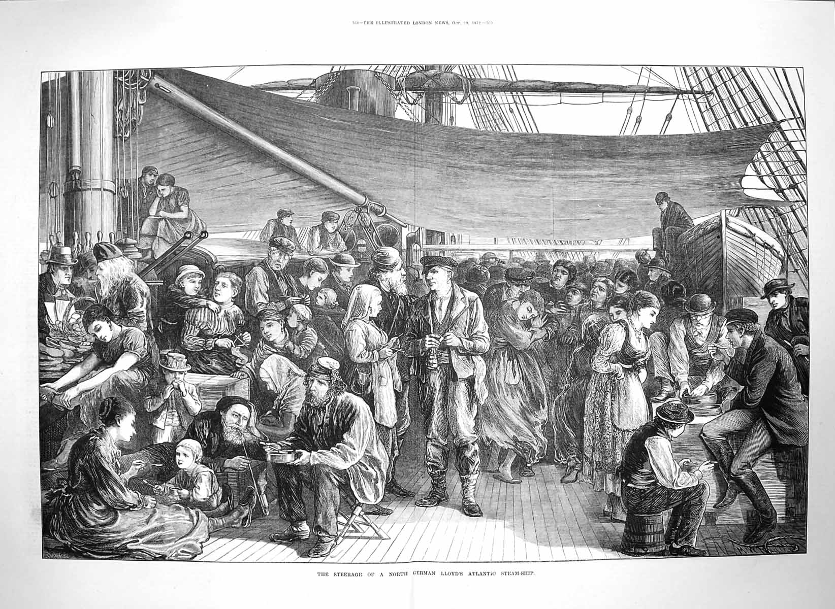 Old Antique Print 1872 Steerage North German Lloyd Atlantic Steam Ship 19th