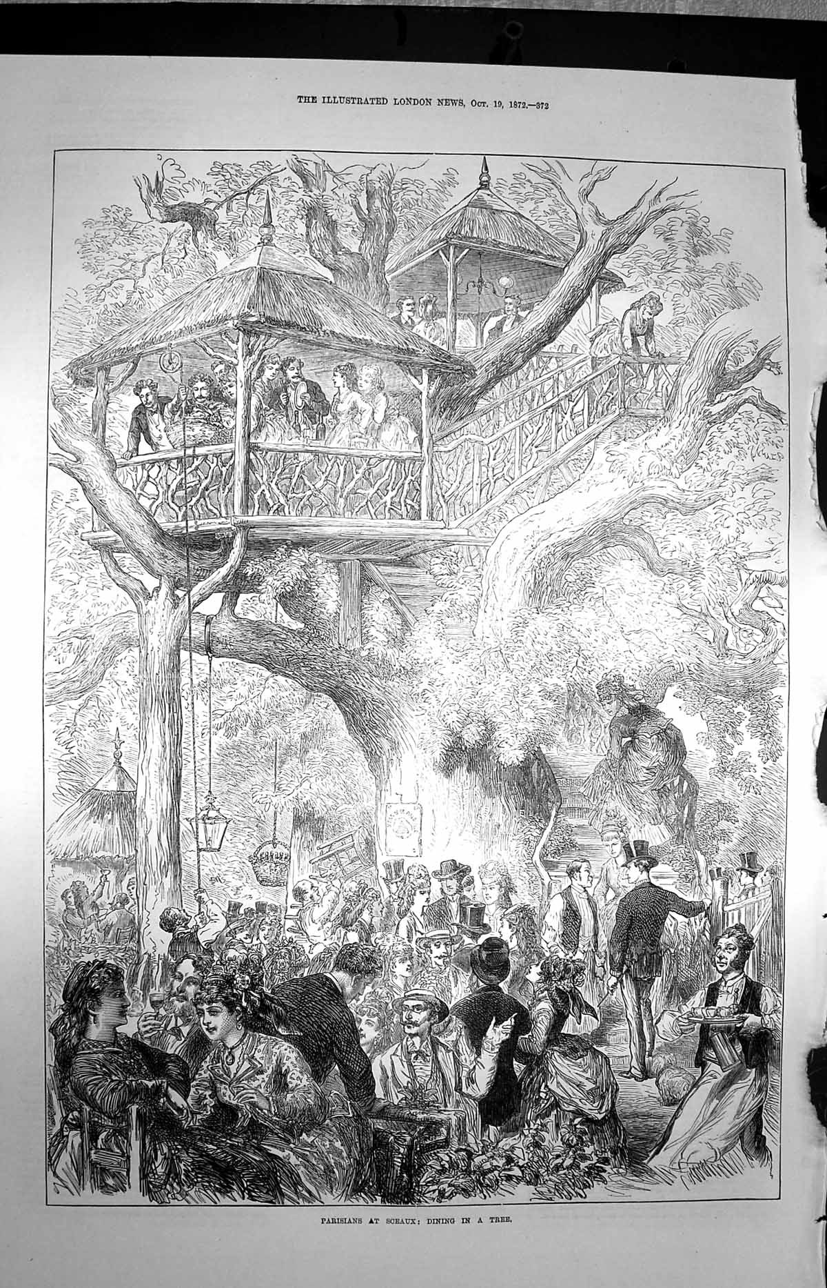 Original Old Antique Print 1872 Parisians Sceaux Dining Tree House Victorian