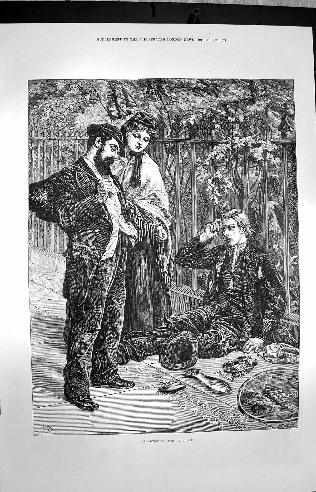 Original Old Antique Print 1872 Pavement Artist Man Painting F 19th