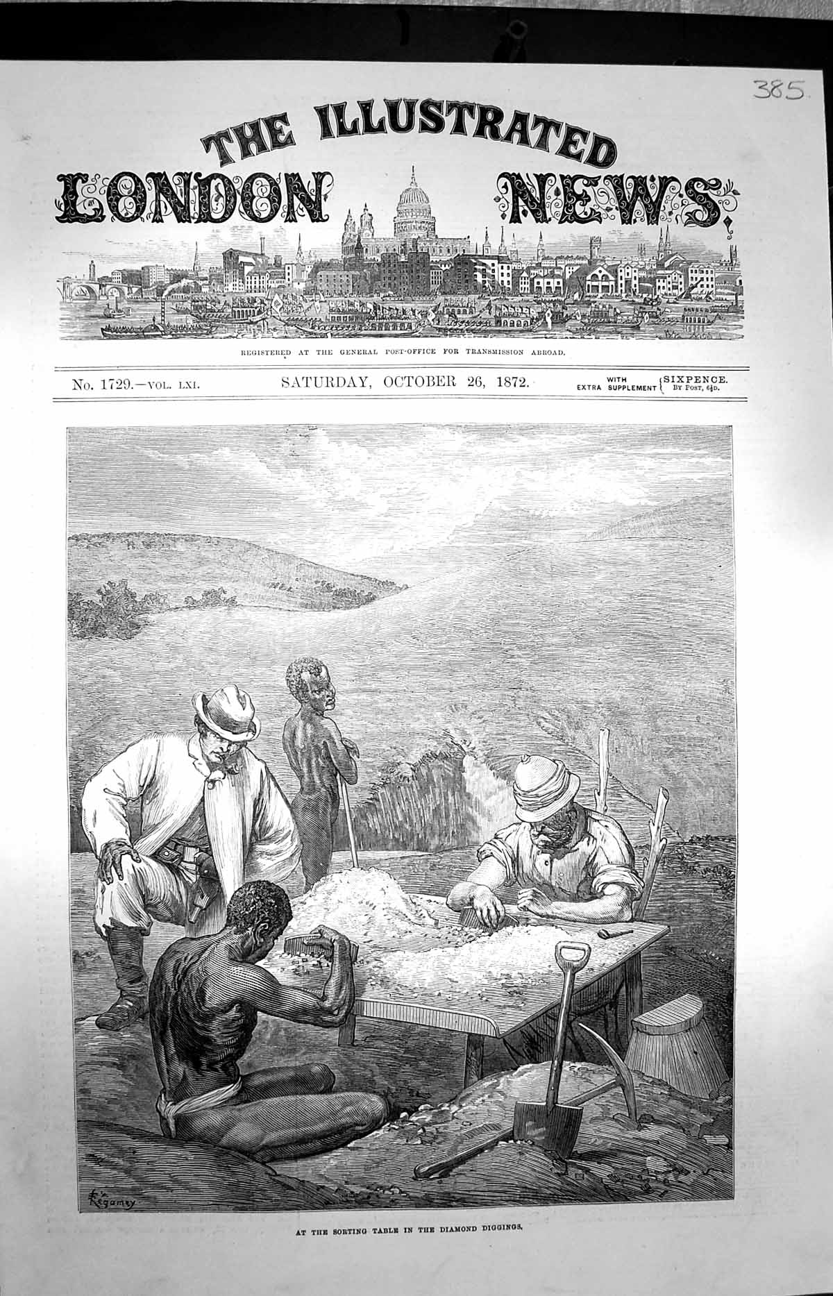Old Antique Print 1872 Sorting Table Diamond Diggings Mining Natives Men 19th