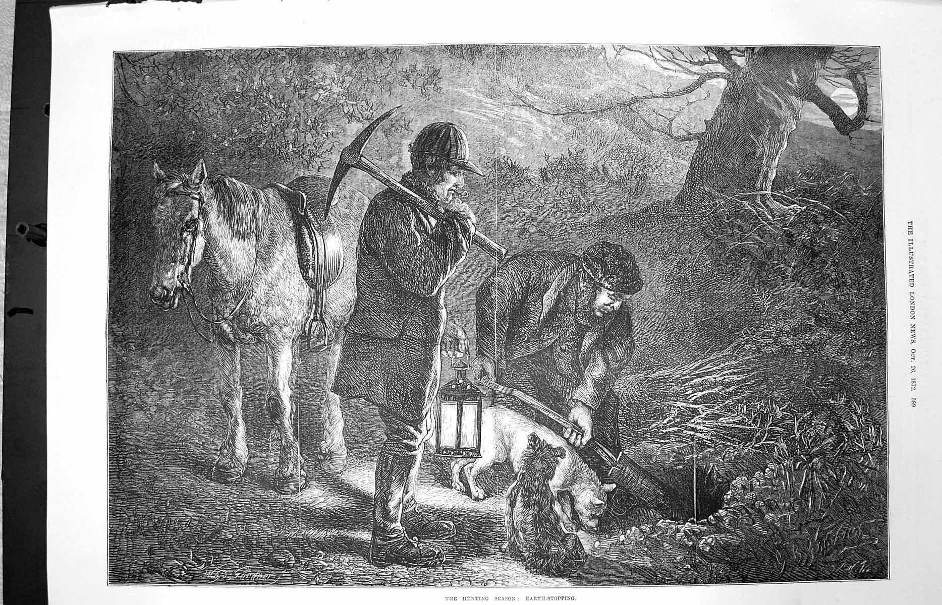 Original Old Antique Print 1872 Hunting Season Earth Stopping Men Digging Sport