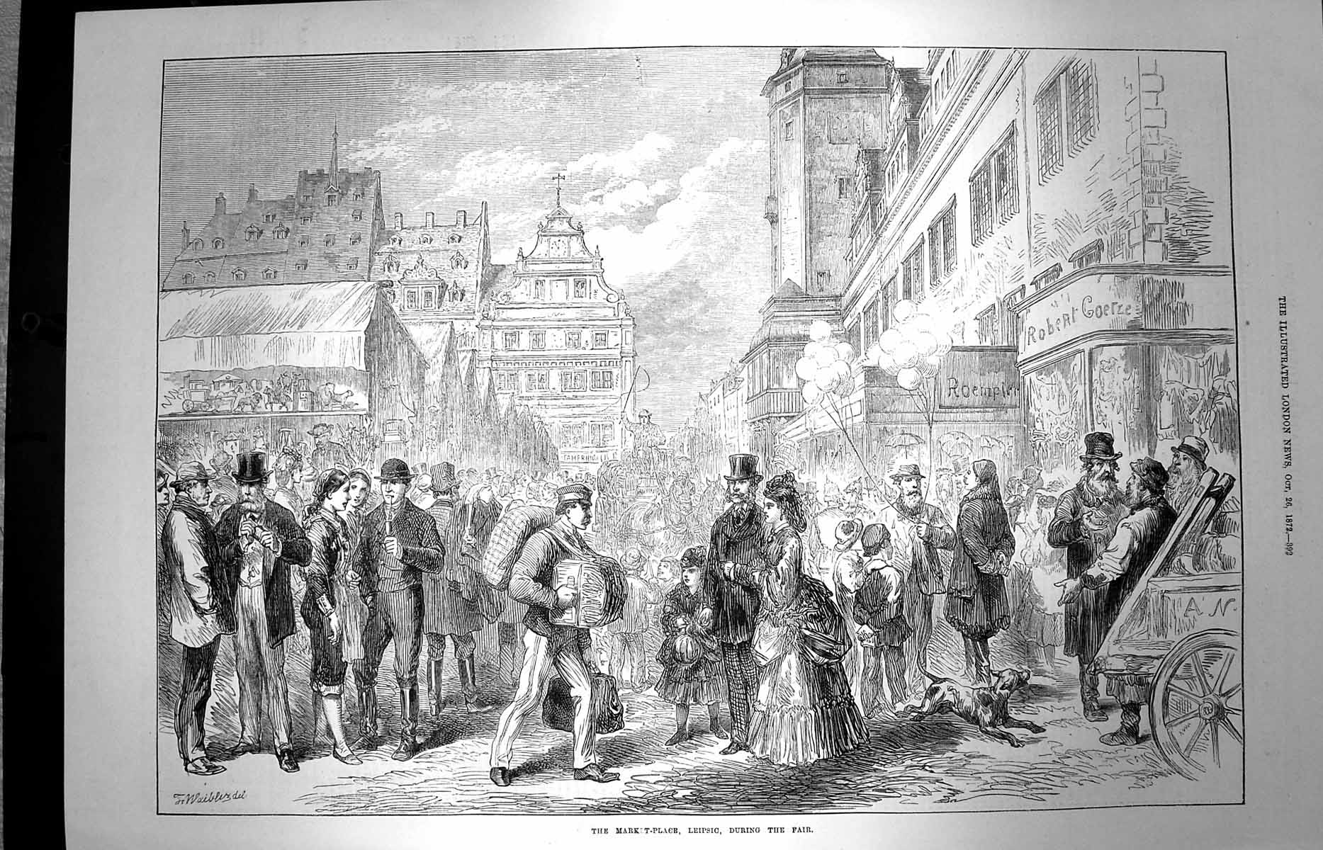 Original Old Antique Print 1872 Scene Market Place Leipsic Fair People 19th