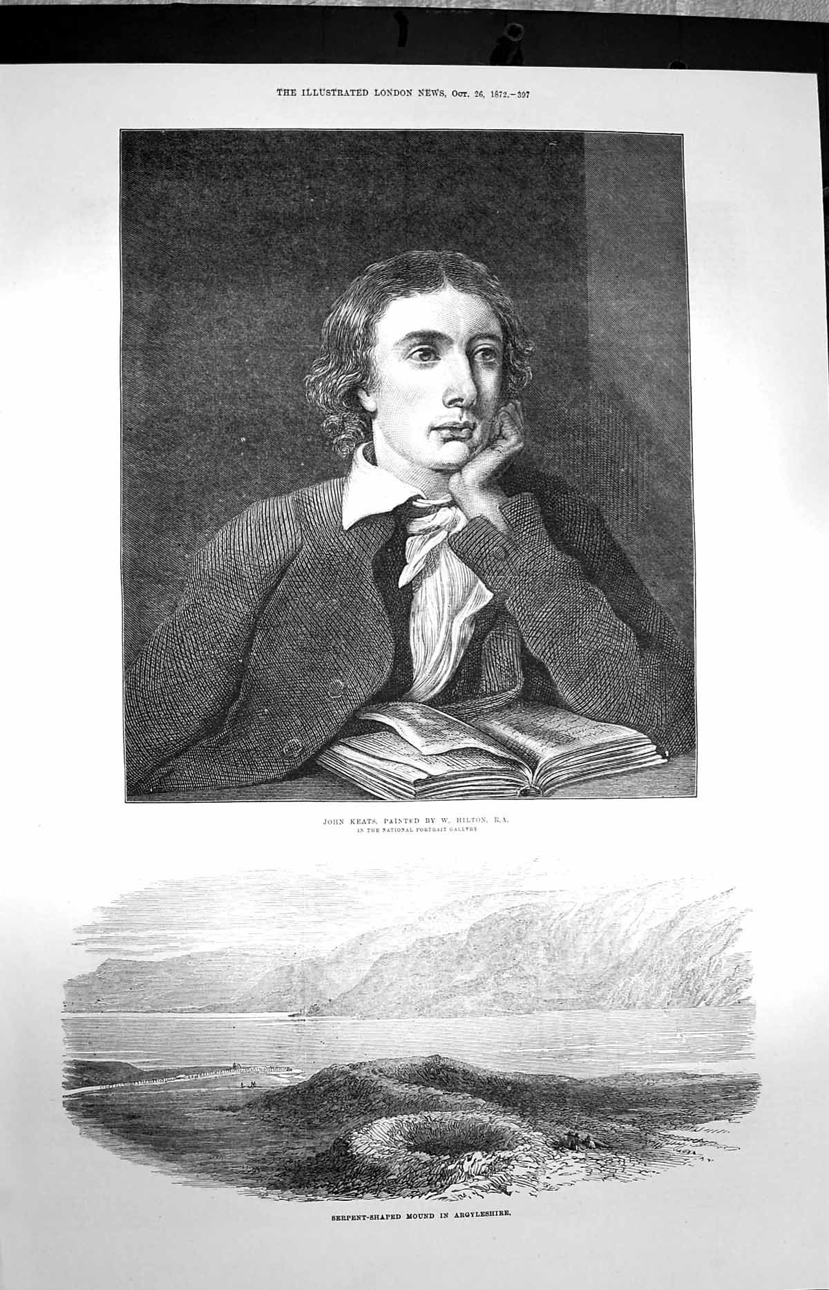 Original Old Antique Print 1872 John Keats Serpent-Shaped Mound Argy Victorian