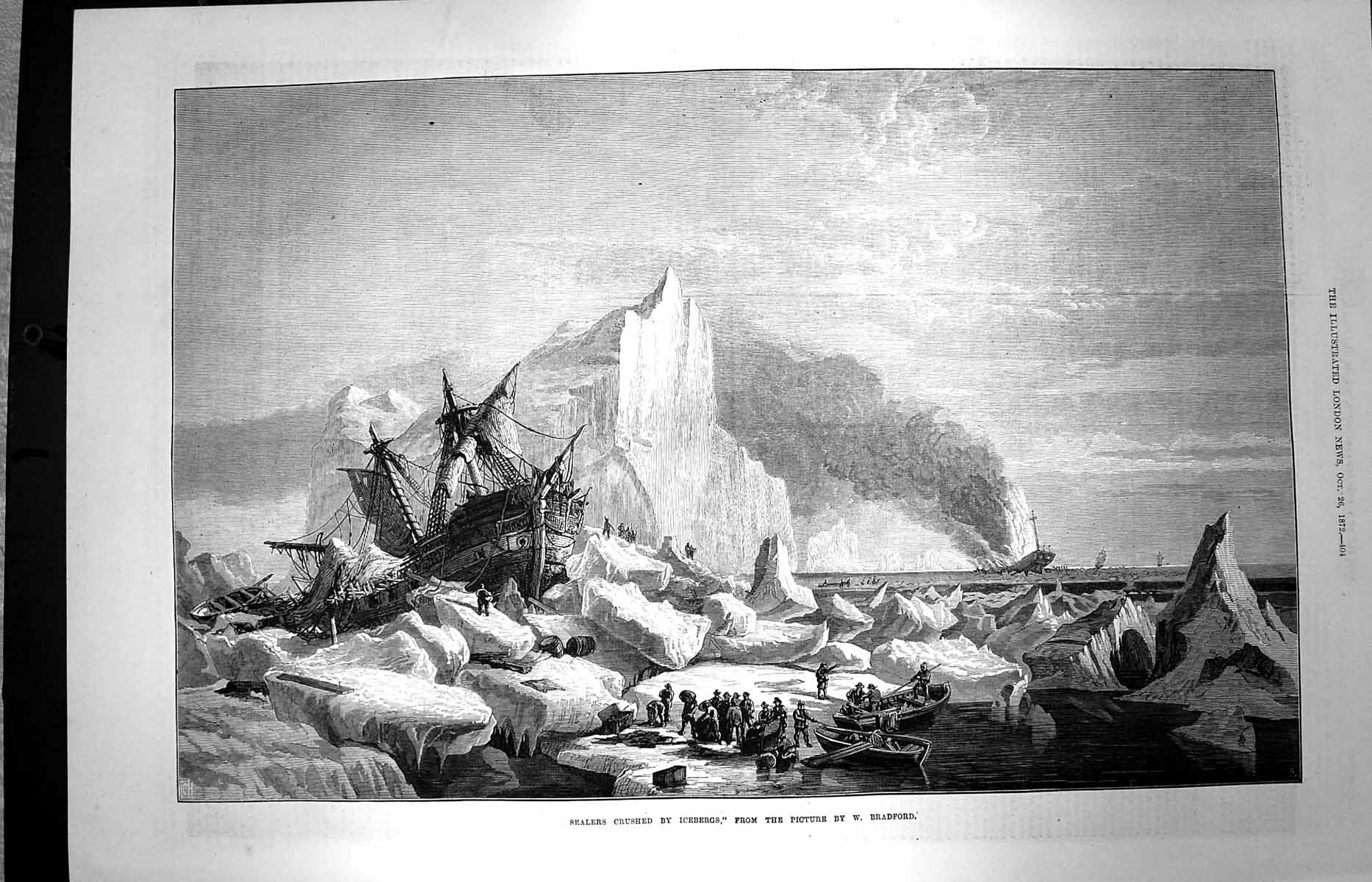 Original Old Antique Print 1872 Sealers Crushed Icebergs Ship Wreck Hunting
