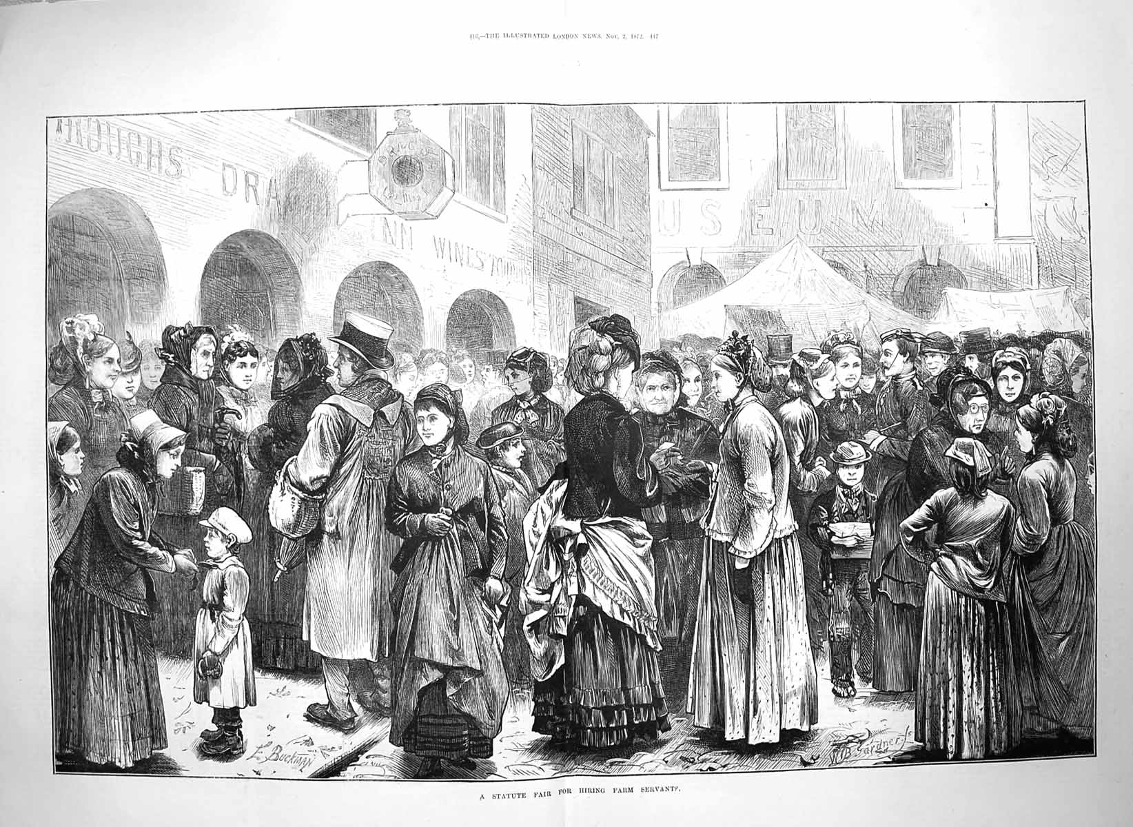 Original Old Antique Print 1872 Statute Fair Hiring Farm Servants Market 19th