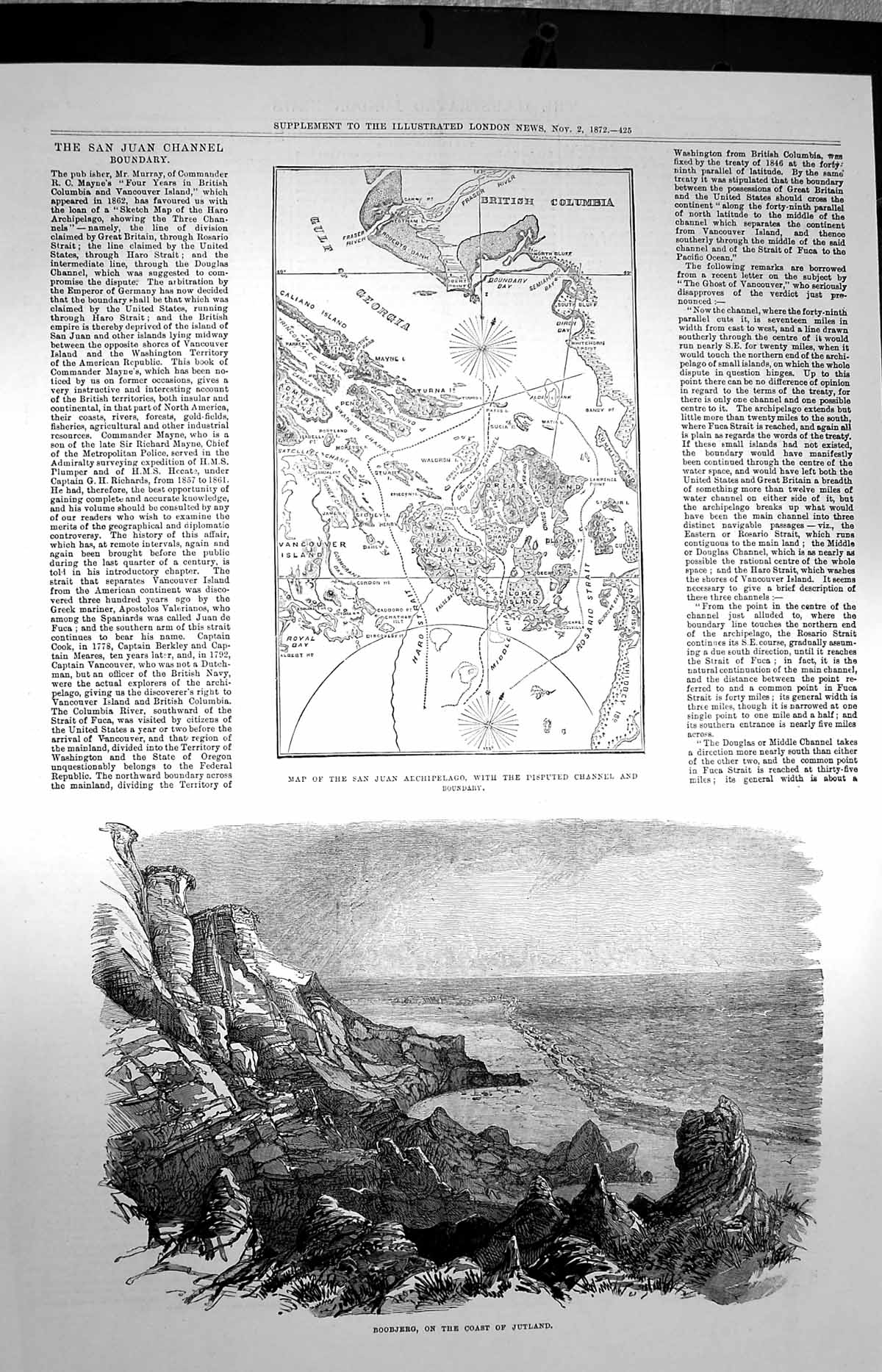 Original Old Antique Print 1872 Map San Juan Archipelago Boobjerg Coast Jutland