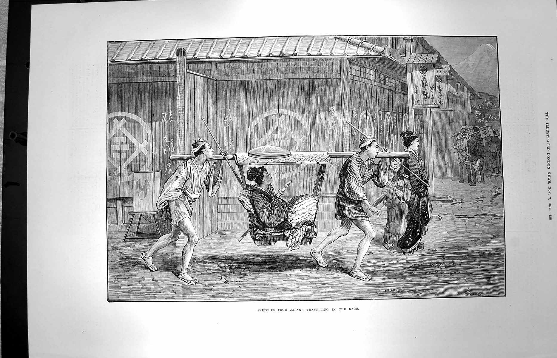 Original Old Antique Print 1872 Scene Japan Travelling Kago Japanese Victorian