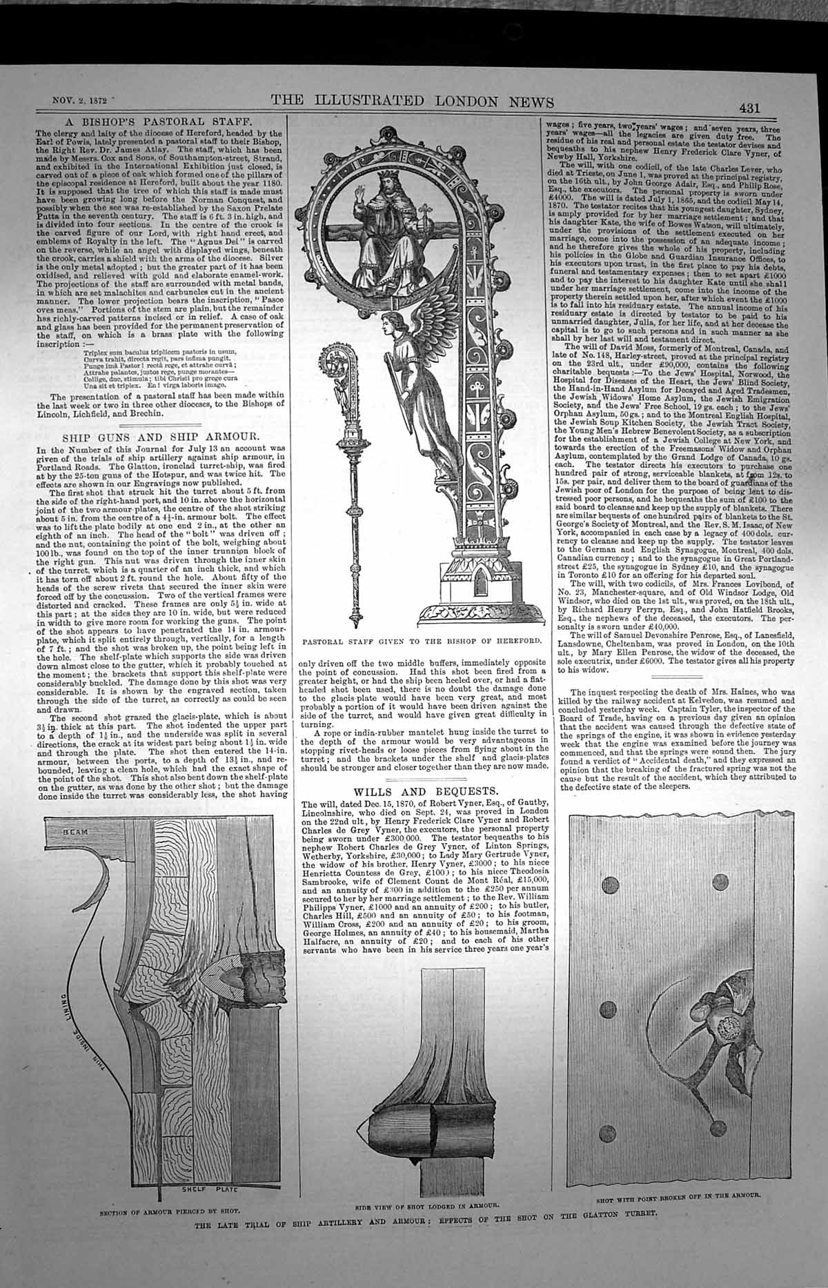 Original Old Antique Print 1872 Pastoral Staff Bishop Hereford Ship Armour Shot