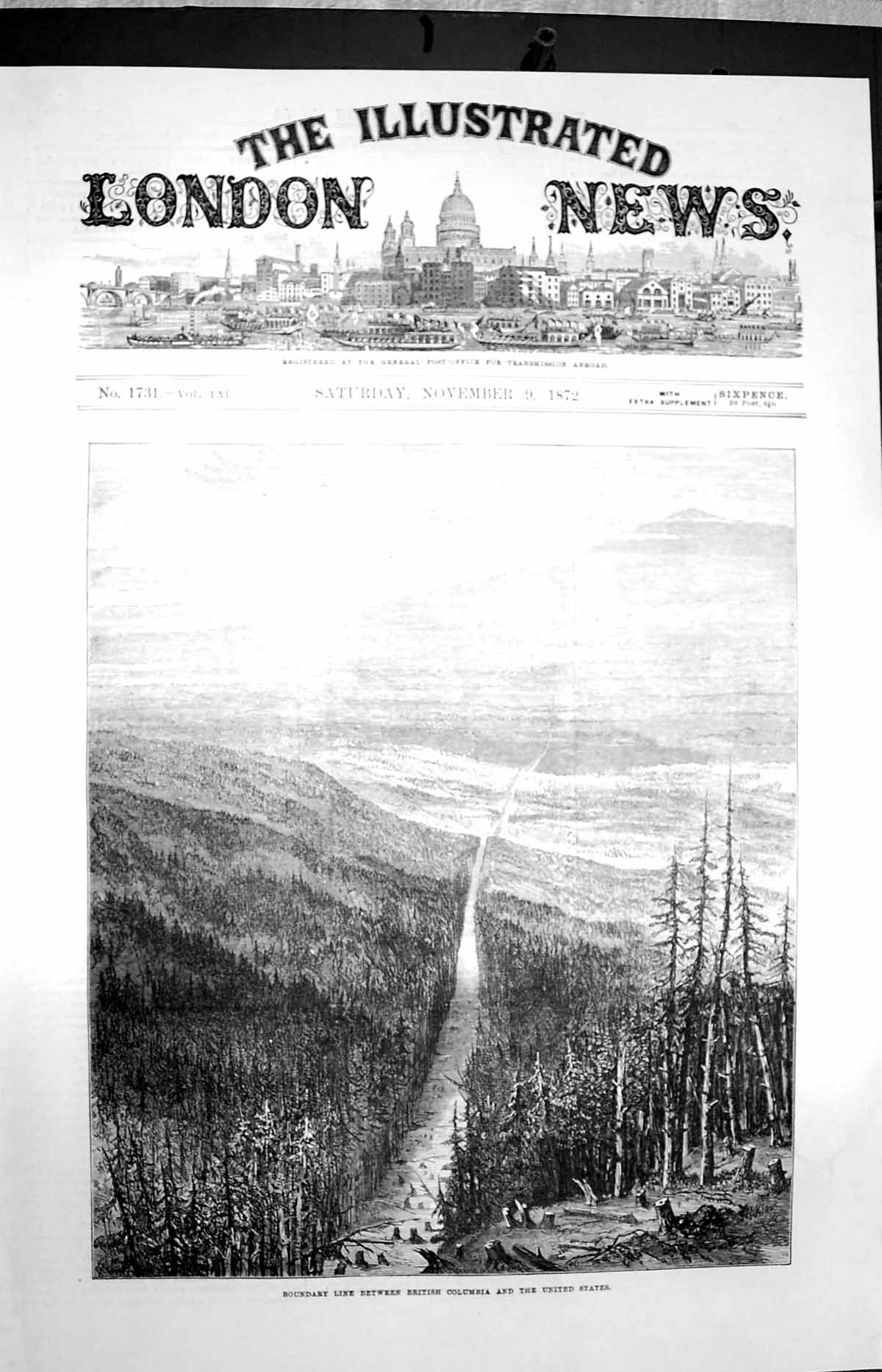 Original Old Antique Print 1872 Boundary Line British Columbia United States