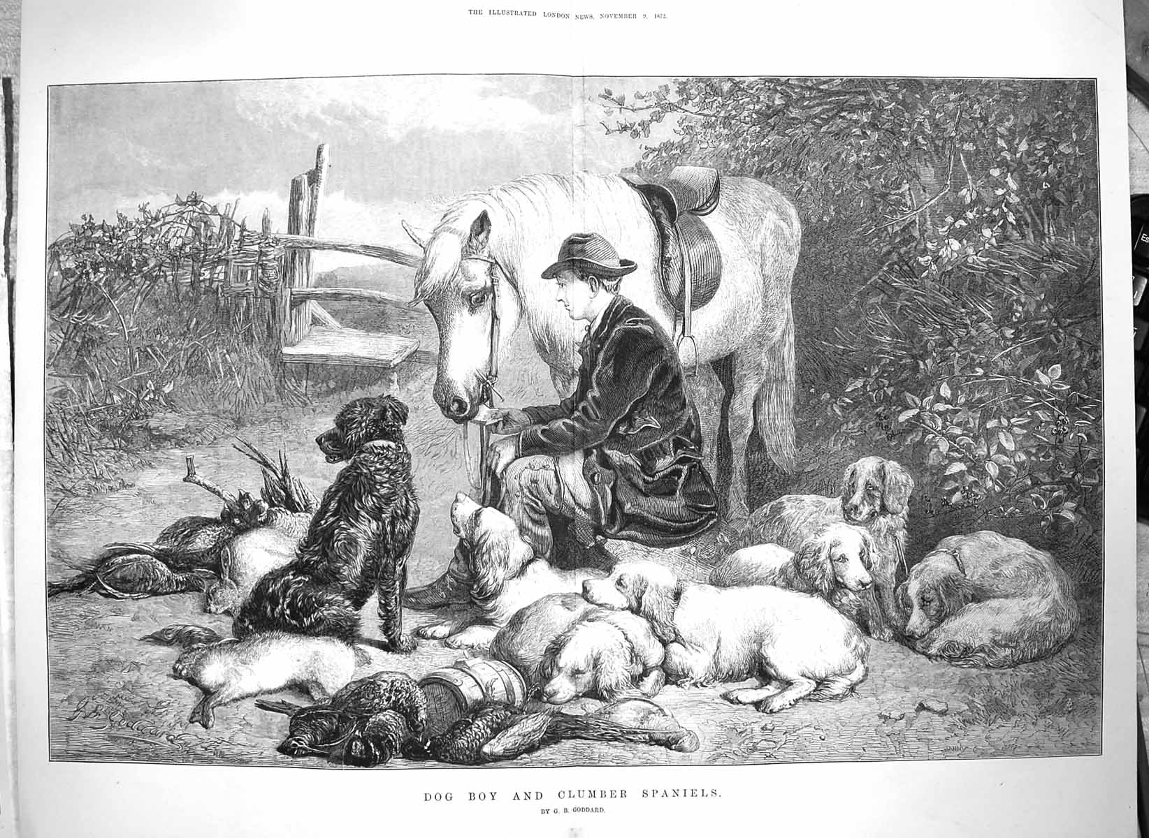 Original Old Antique Print 1872 Dog Boy Clumber Spaniels Horse Huntin Victorian