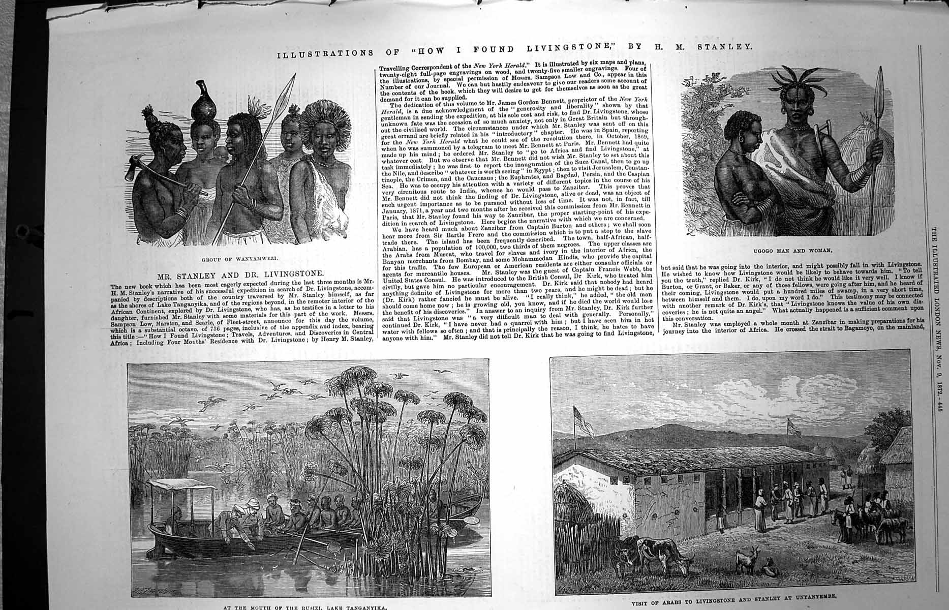Original Old Antique Print 1872 Wanyamwezi Ugogo Man Livingstone Stanley Rusizi