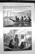 Old Antique Print 1872 Native Canoe Boats British Columbia Salmon Eaters 19th