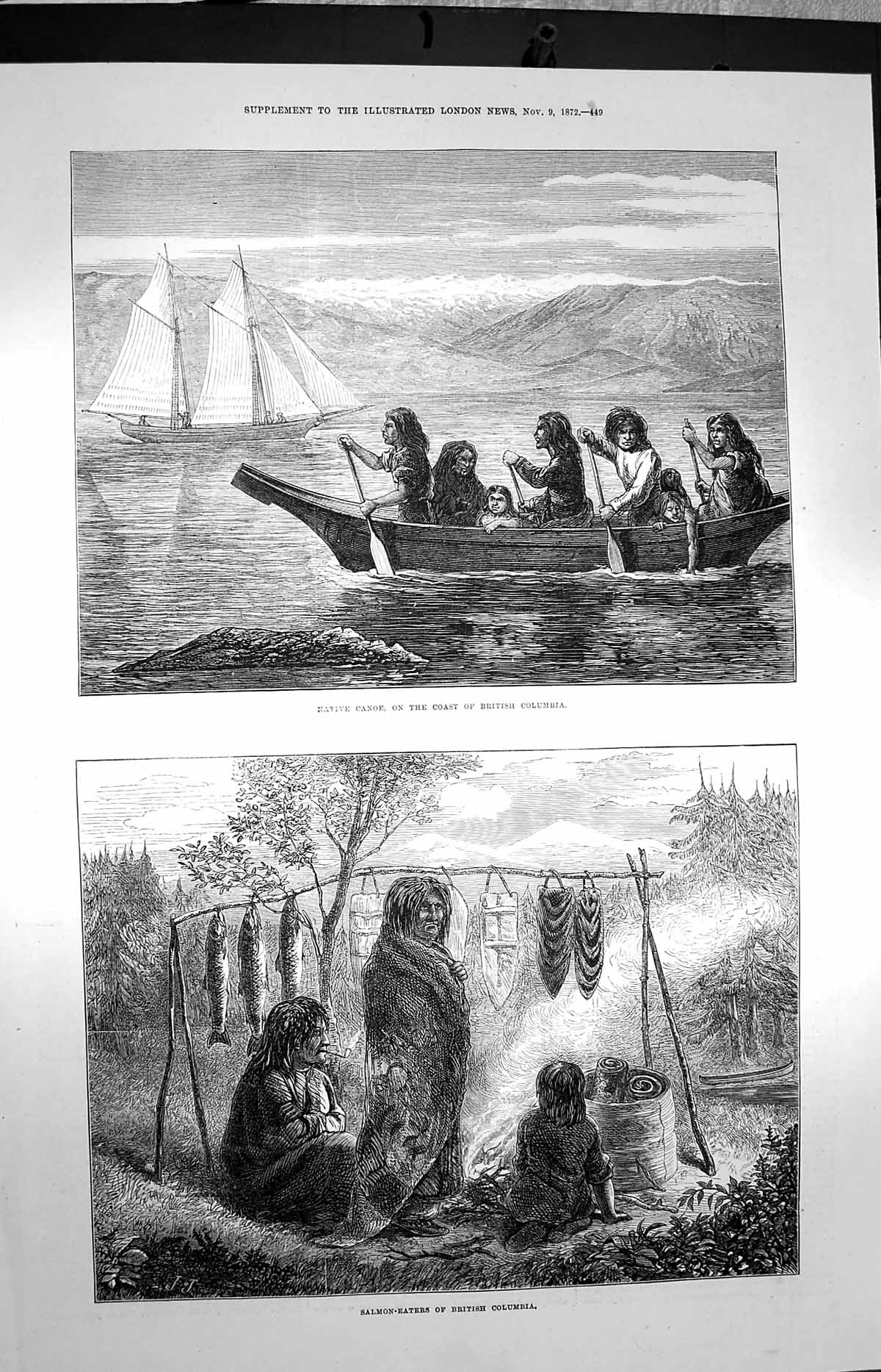Old Antique Print 1872 Native Canoe Boats British Columbia Salmon Eaters 19th