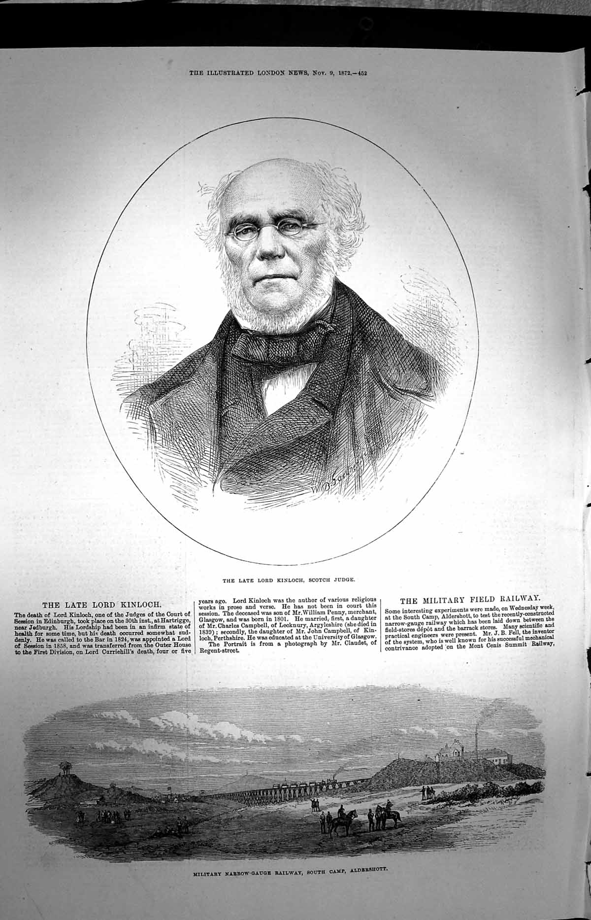 Old Antique Print 1872 Lord Kinloch Scotch Judge Military Railway Train 19th