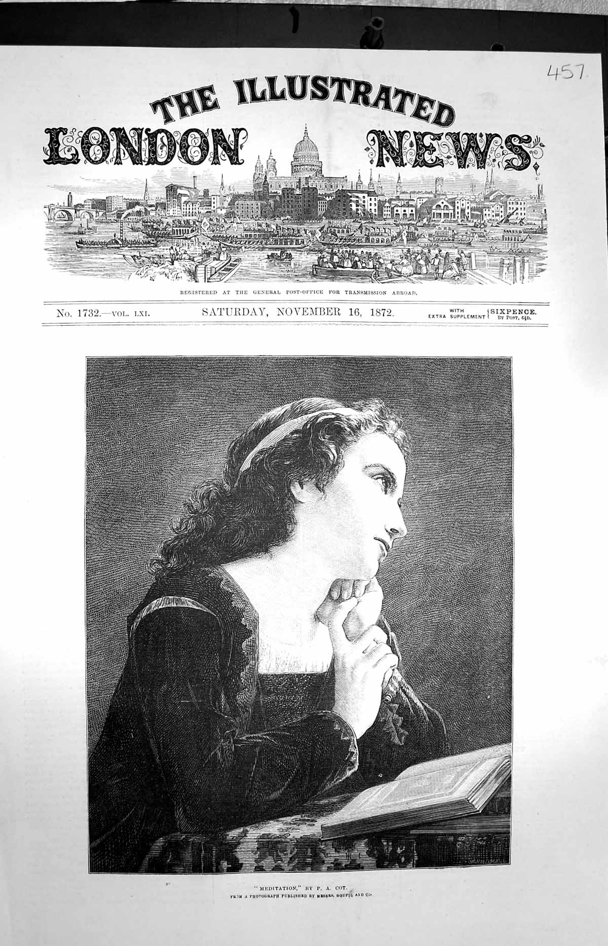 Original Old Antique Print 1872 Meditation Beautiful Young Woman Lady Fine Art