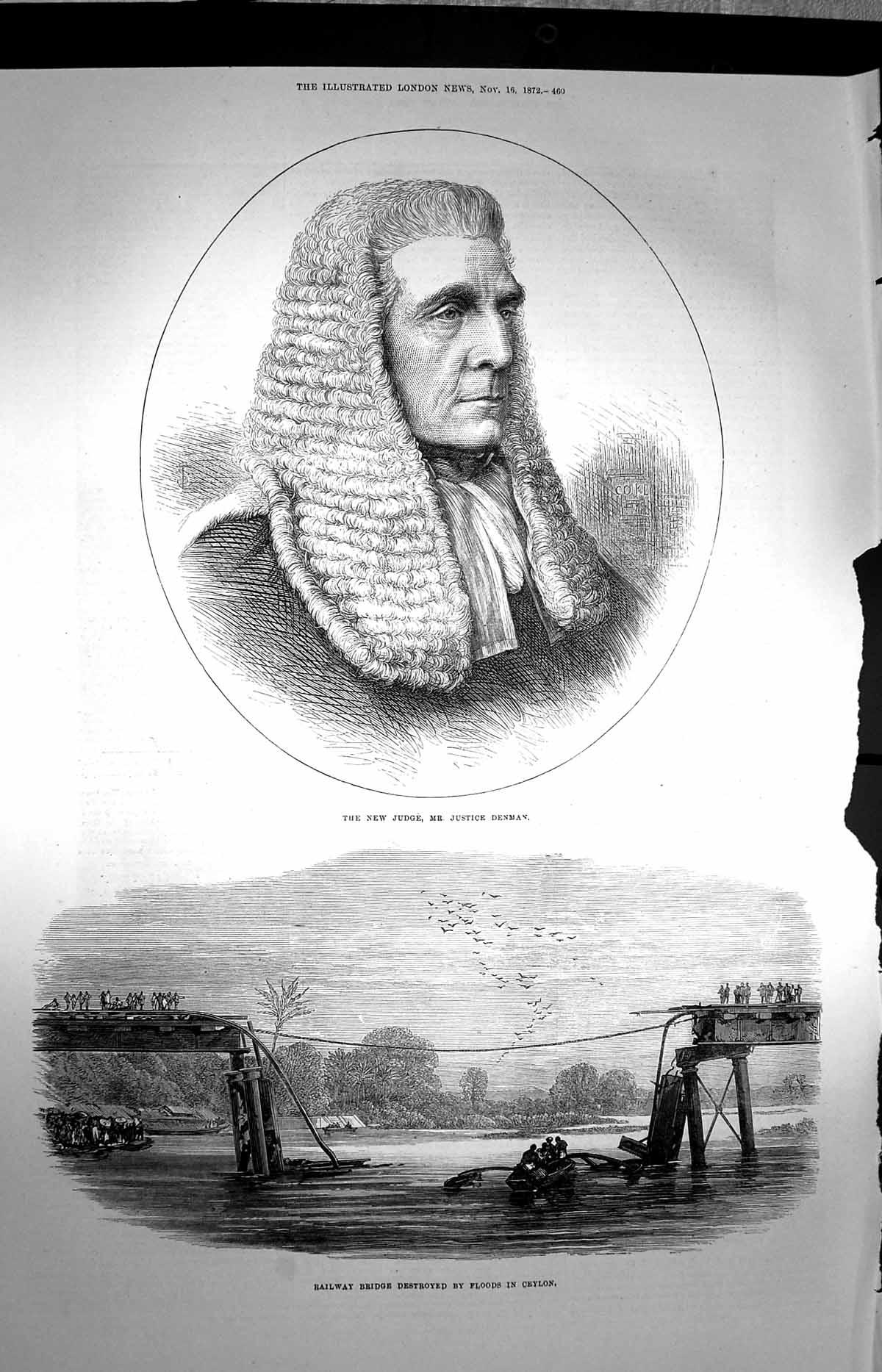 Original Old Antique Print 1872 New Judge Denman Railway Bridge Floods Ceylon