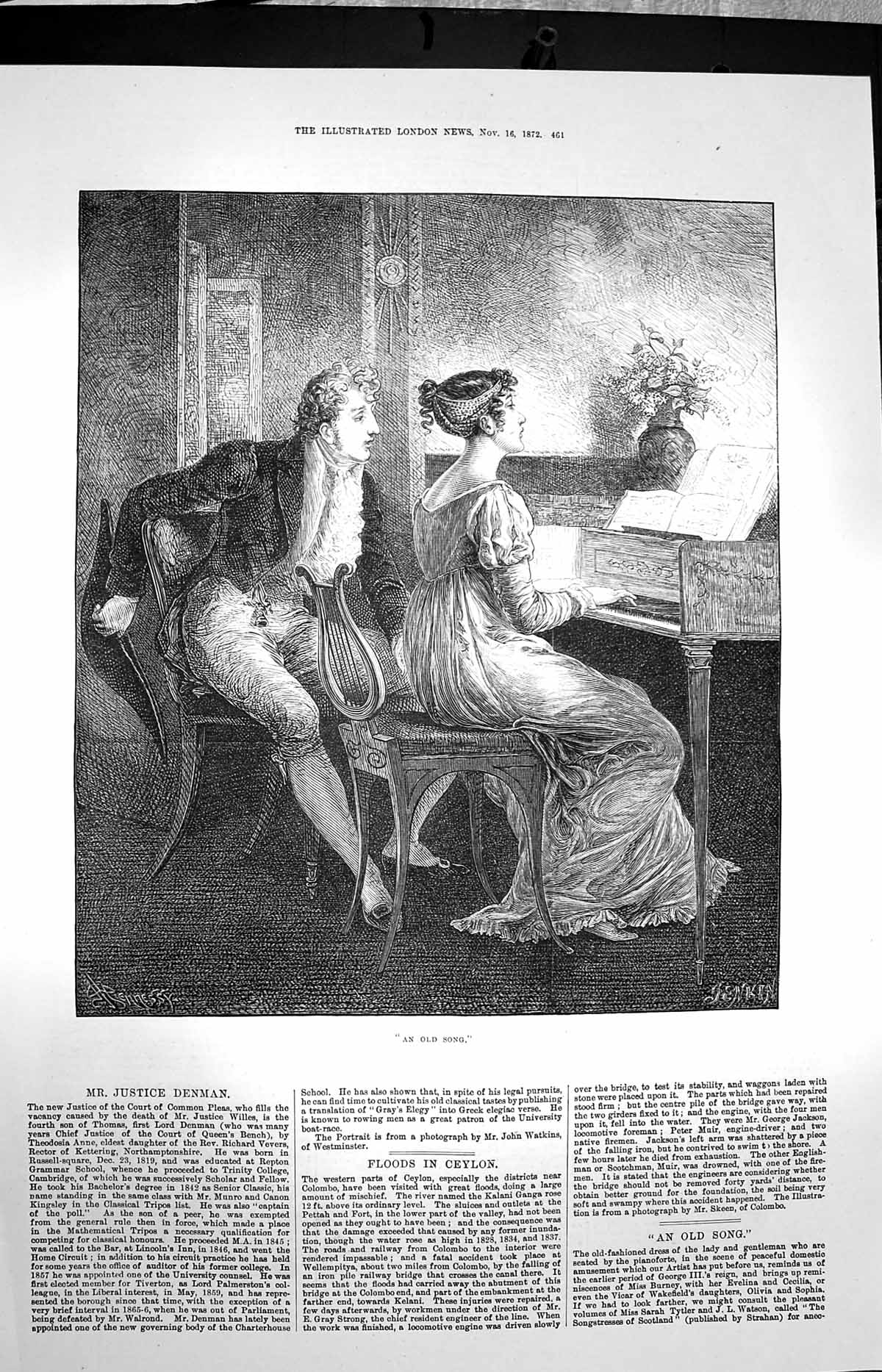 Original Old Antique Print 1872 Song Lady Man Piano Music Romance Scene 19th