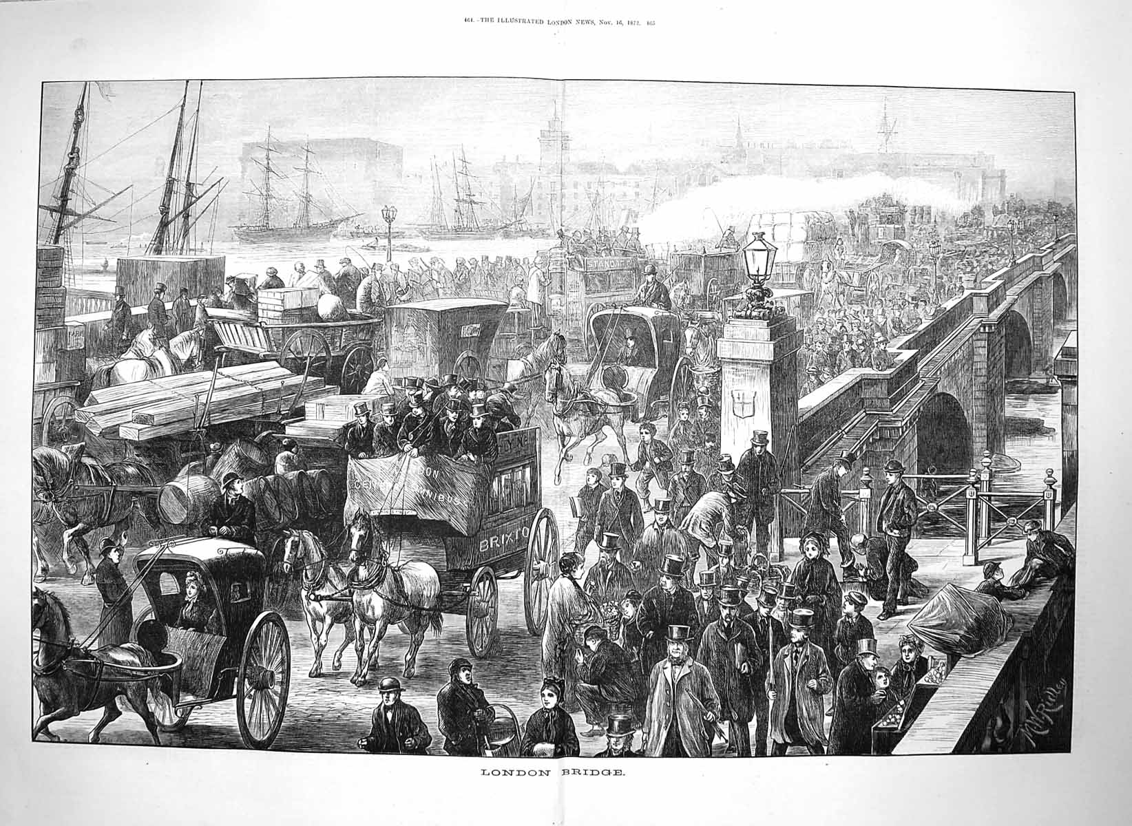 Original Old Antique Print 1872 Scene London Bridge Transport Ships Fine Art