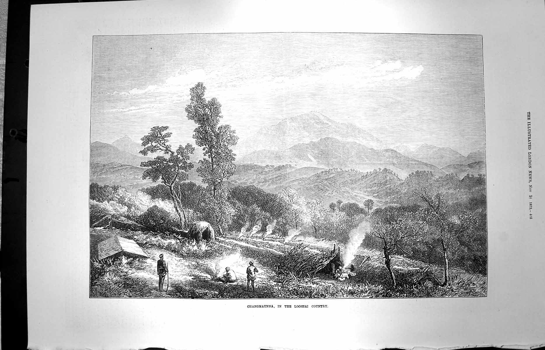 Old Antique Print 1872 View Changmaunna Looshai Country Mountains Trees 19th