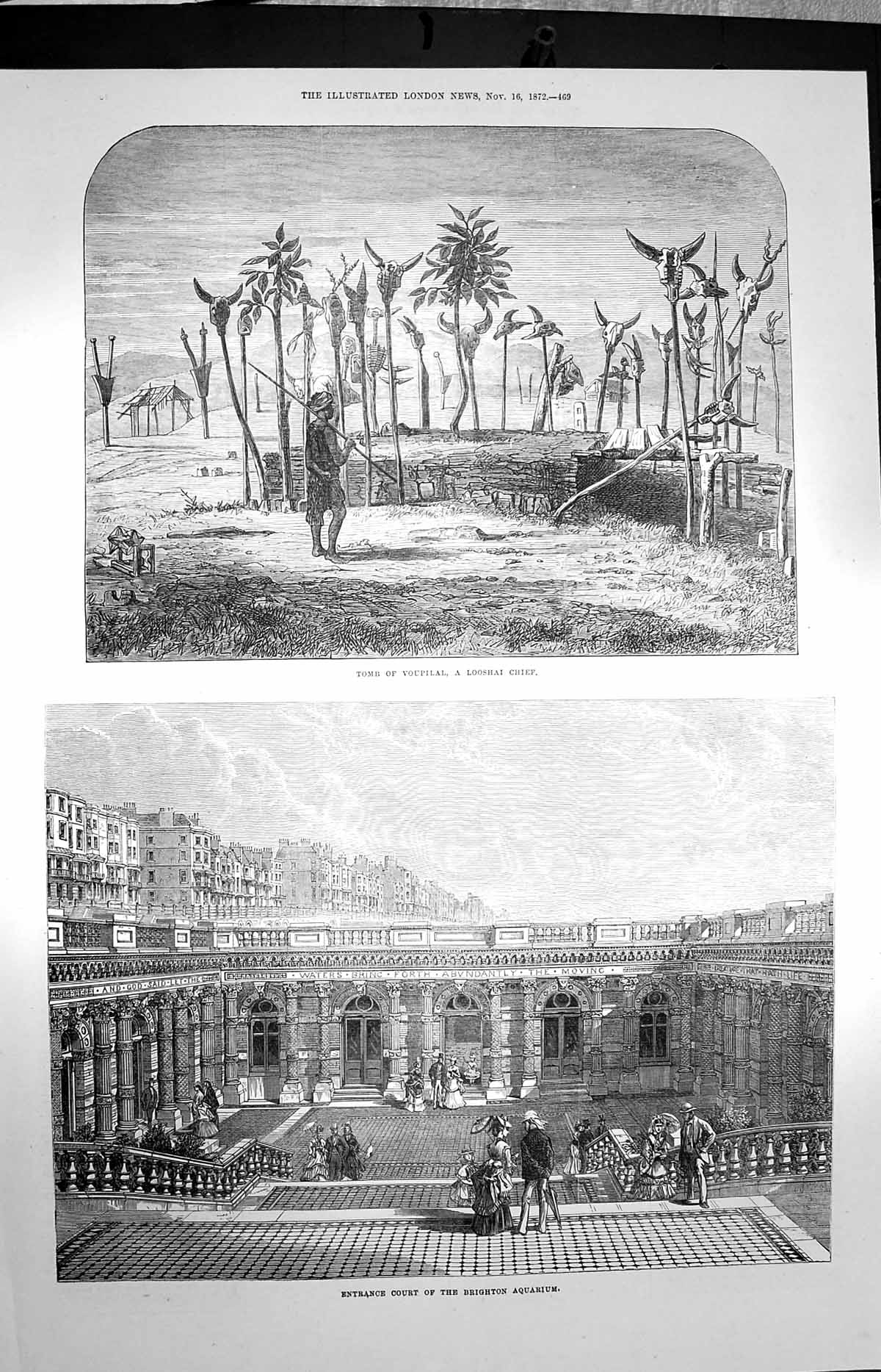 Original Old Antique Print 1872 Tomb Voupilal Looshai Chief Brighton Aquarium