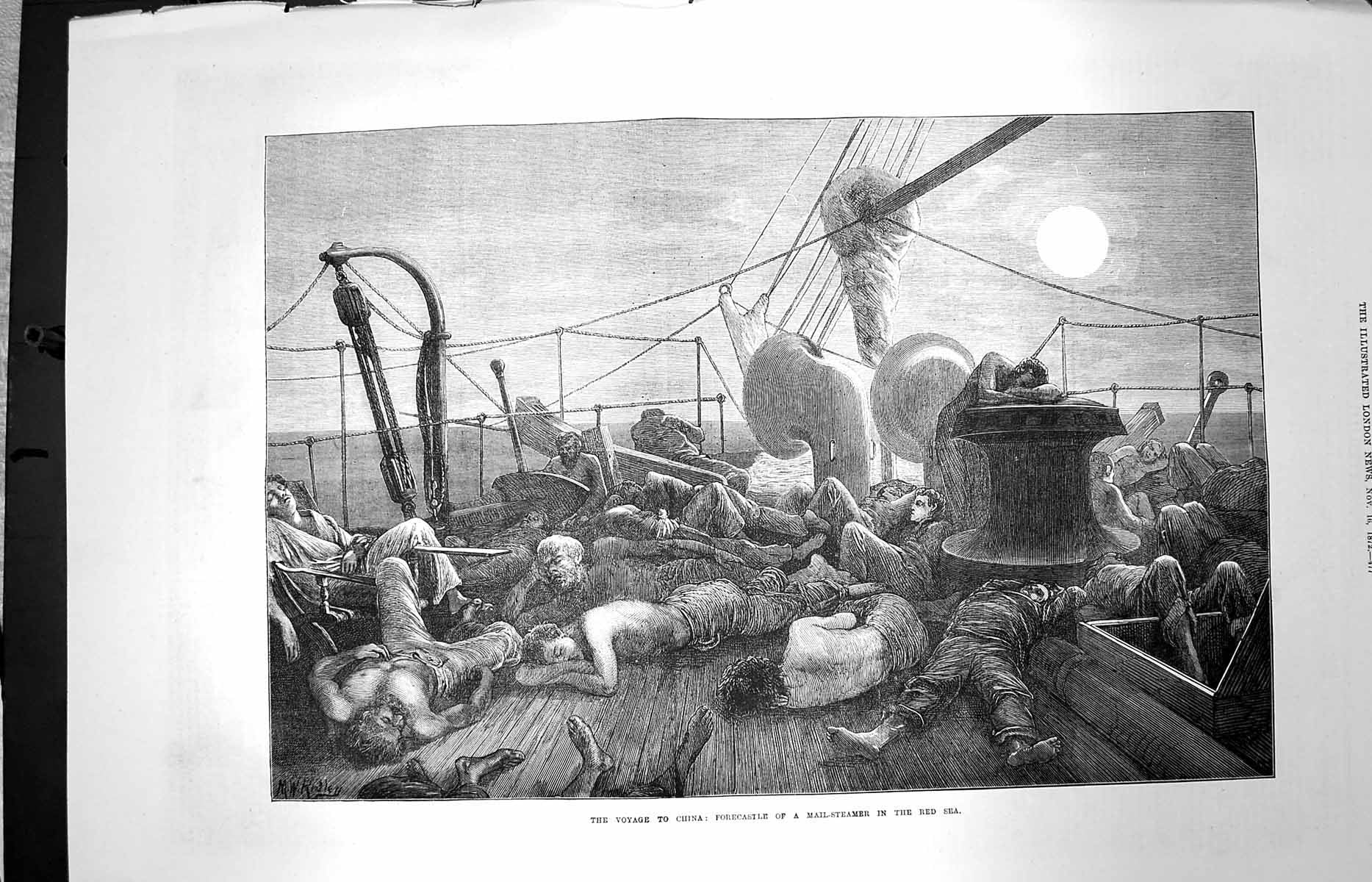 Old Antique Print 1872 Voyage China Forecastle Mail Steamer Ship Red Sea 19th