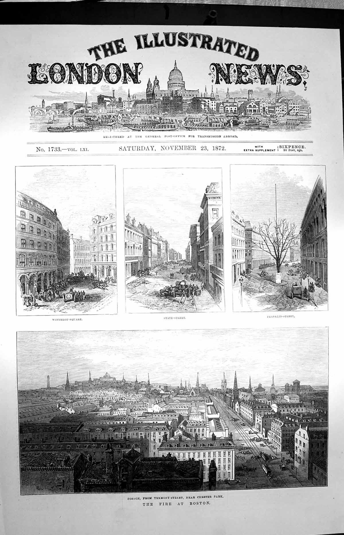 Original Old Antique Print 1872 Fire Boston Tremont Frnklin State Winthrop 19th