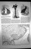 Original Old Antique Print 1872 Map Boston Lectern Church China Parkyn-J 19th