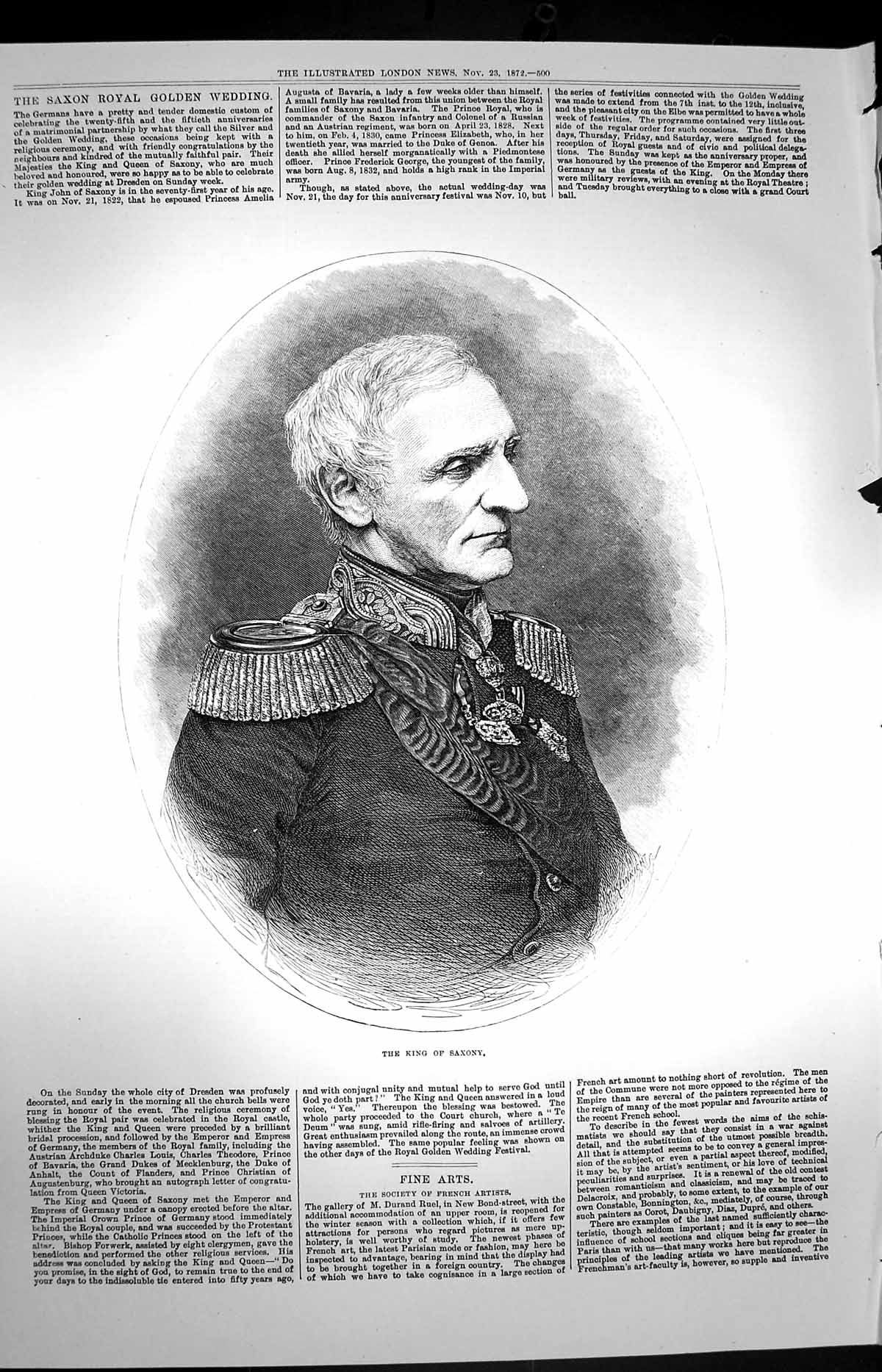 Original Old Antique Print 1872 Portrait King John Saxony 19th