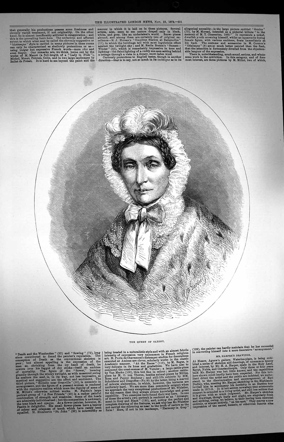 Original Old Antique Print 1872 Portrait Lady Queen Saxony 19th