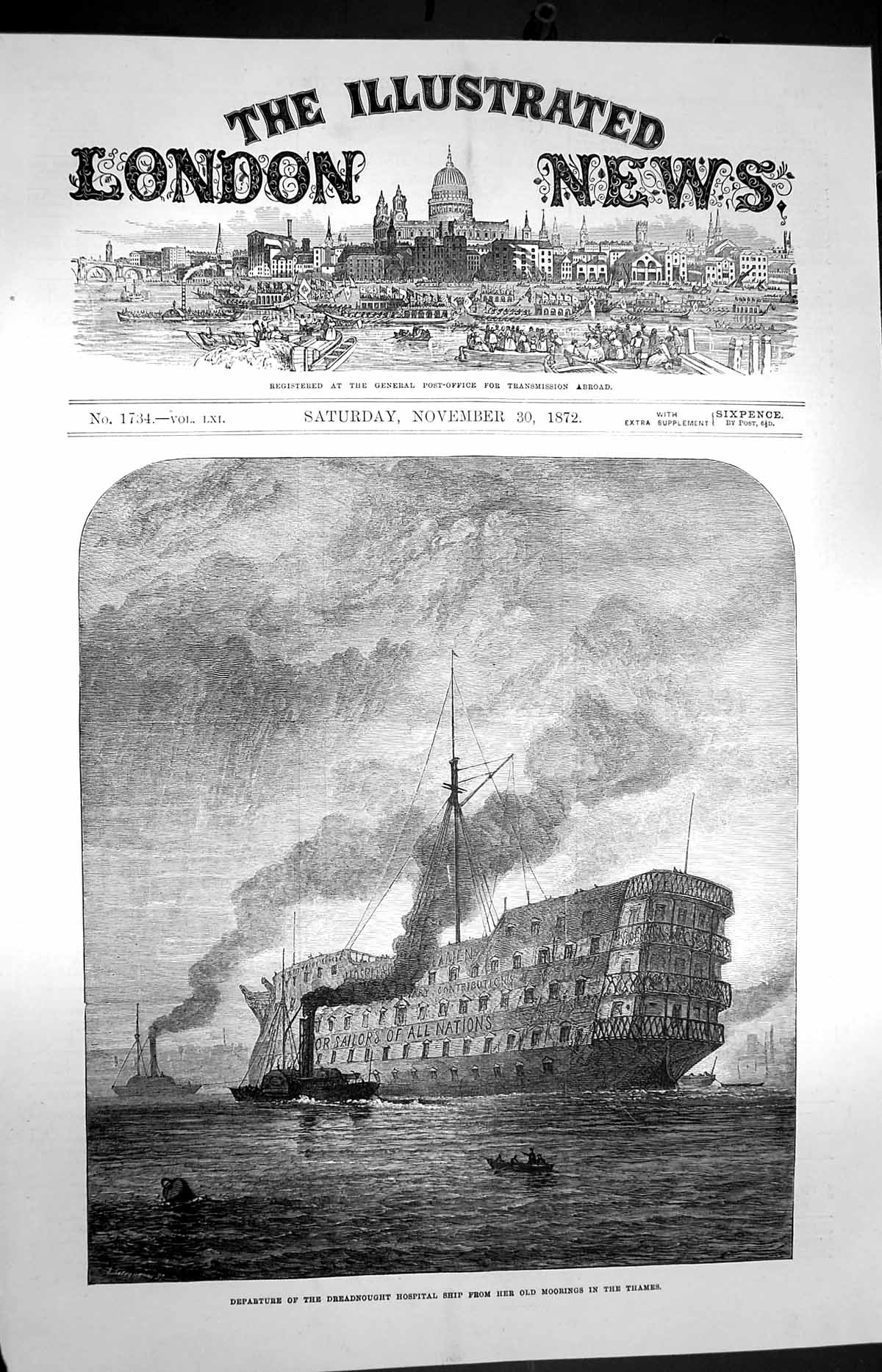 Original Old Antique Print 1872 Dreadnought Hospital Ship Departure Thames 19th