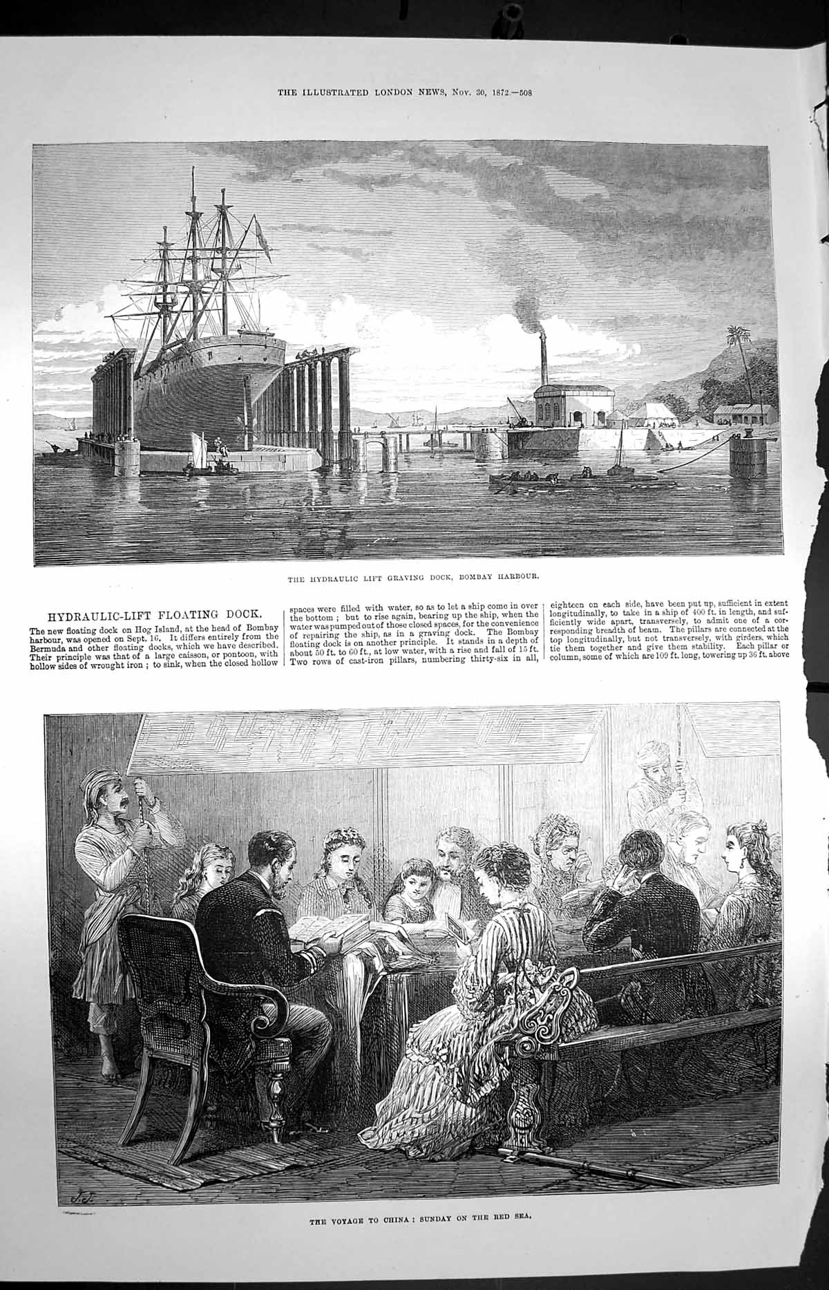 Original Old Antique Print 1872 Hydraulic Lift Graving Dock Bombay China Ship
