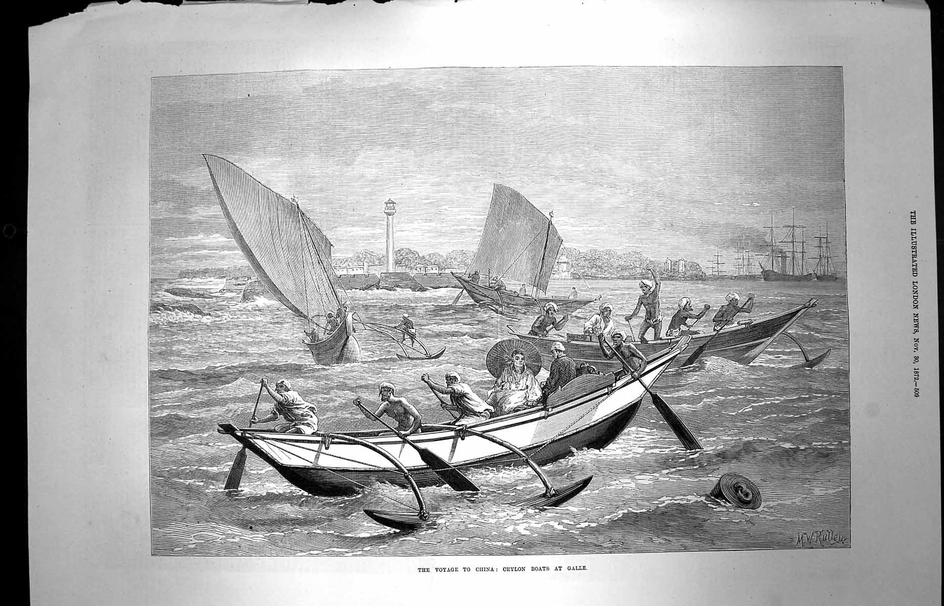 Original Old Antique Print 1872 Voyage China Ceylon Boats Galle Natives 19th