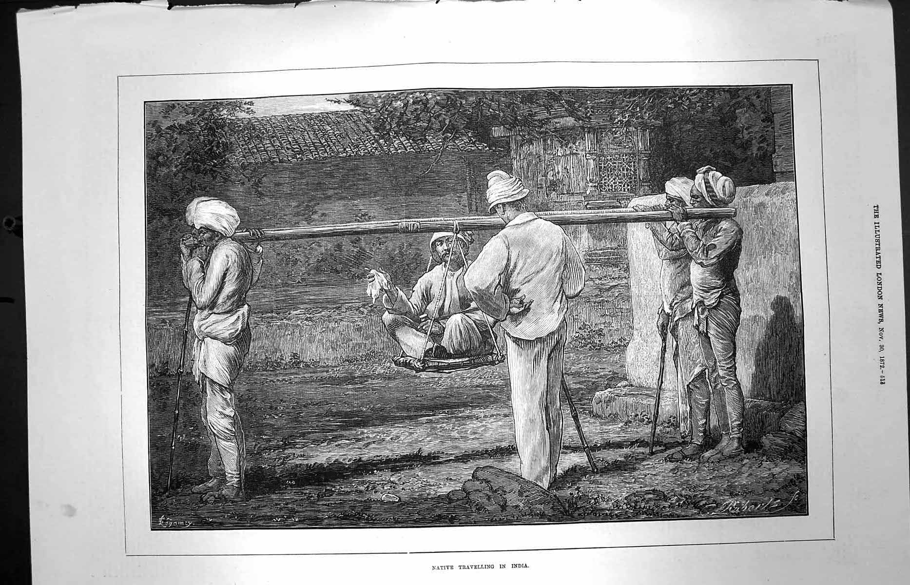 Old Antique Print 1872 Scene Native Travelling India Native Men Fine Art 19th