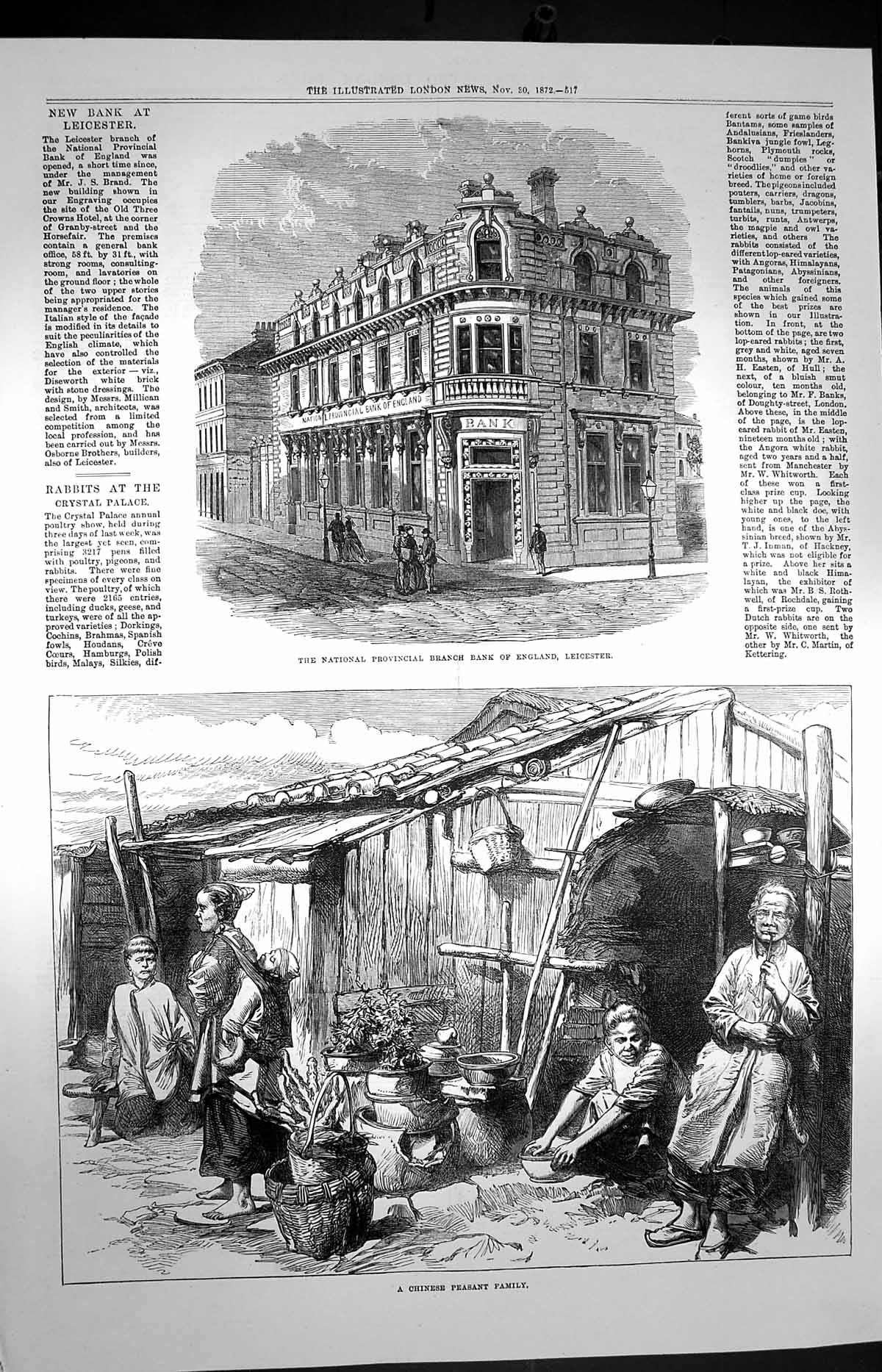 Original Old Antique Print 1872 Provincial Bank England Leicester Chinese P 19th